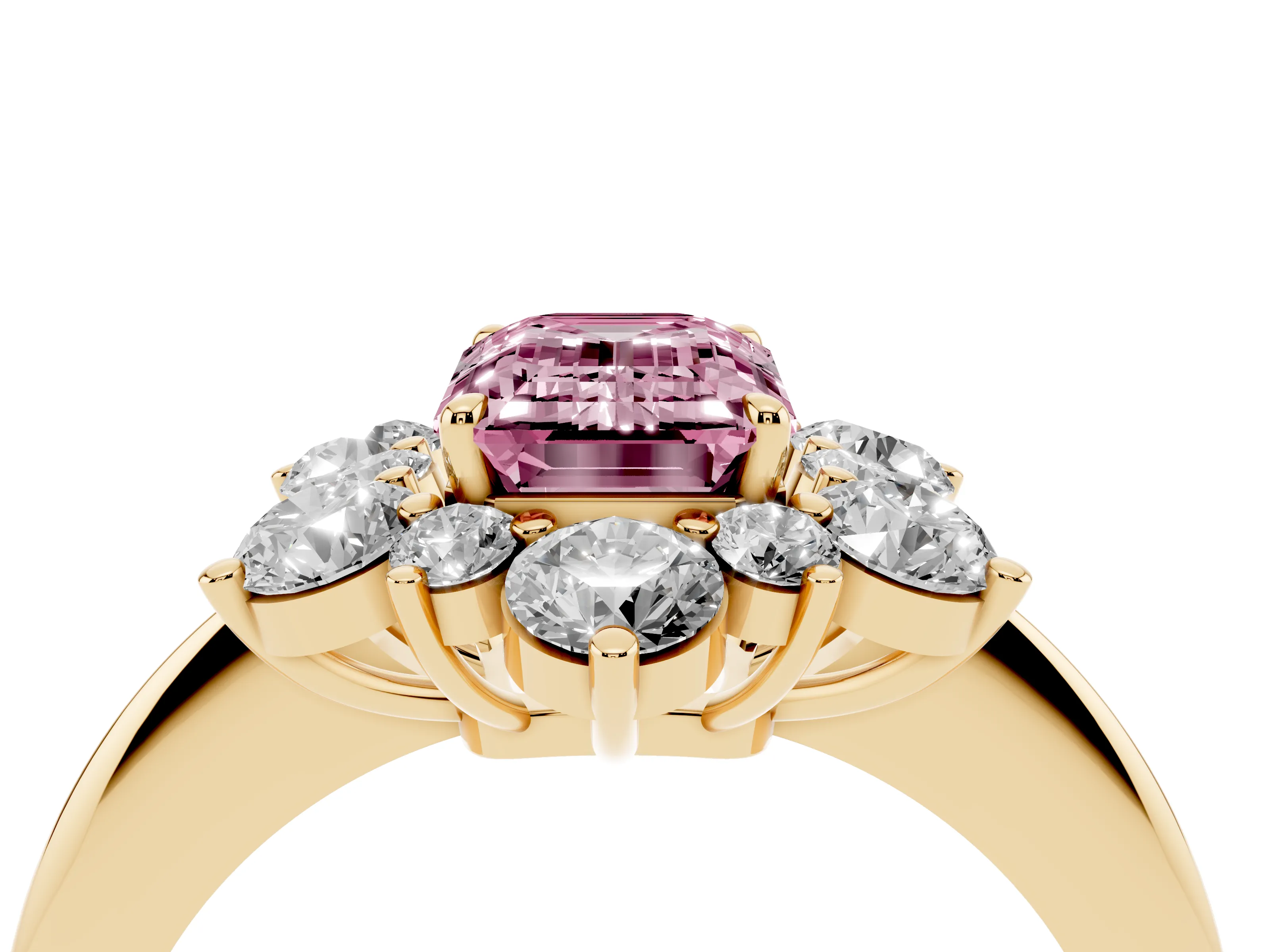 Fancy Pink Emerald Cut Diamond Cluster Halo Ring Set in Yellow gold with Solitaire Band and Prong Setting