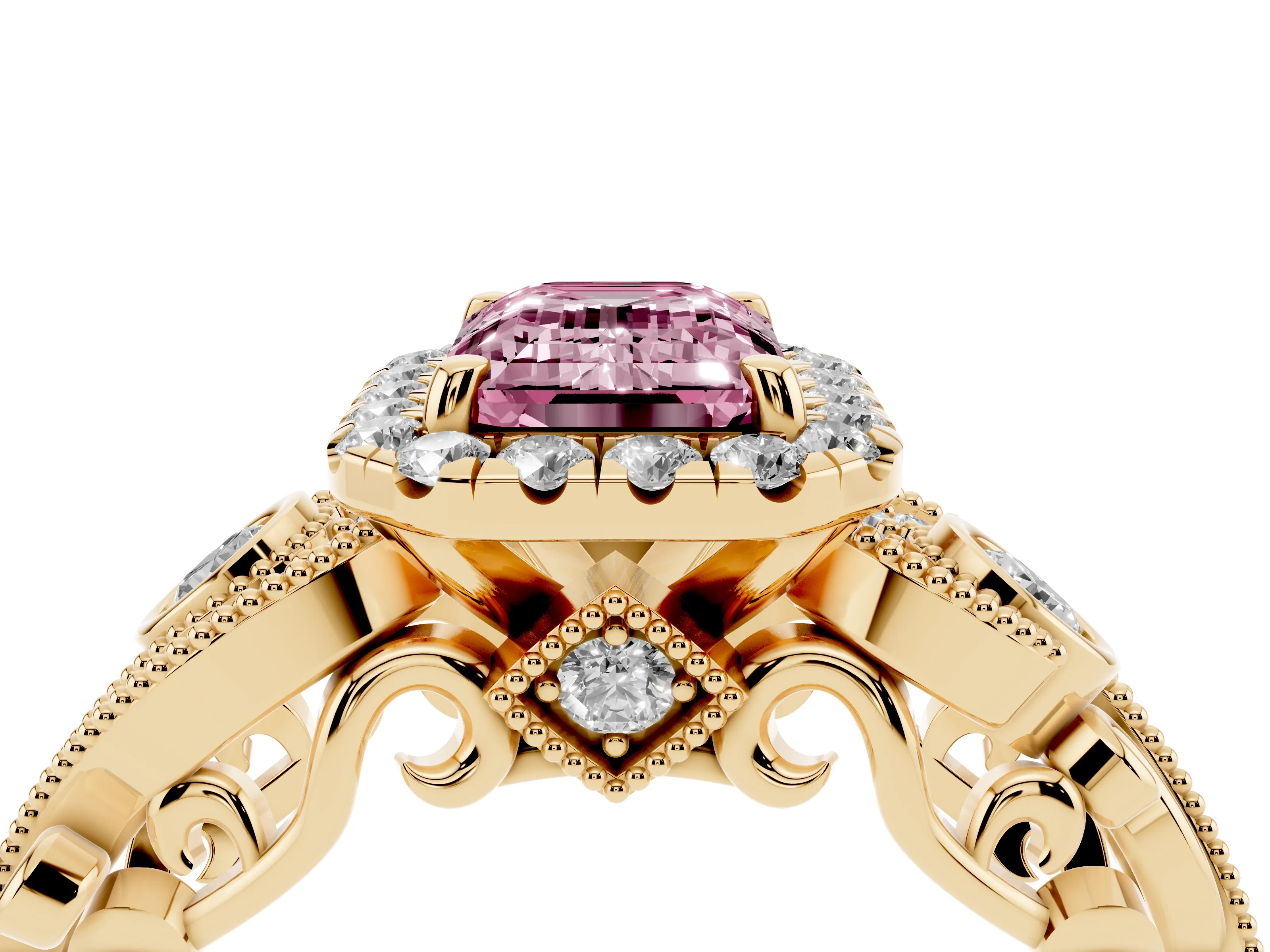 Fancy Pink Emerald Cut Diamond Halo Ring Set in Yellow gold with Milgrain Pavé Band and Prong Setting