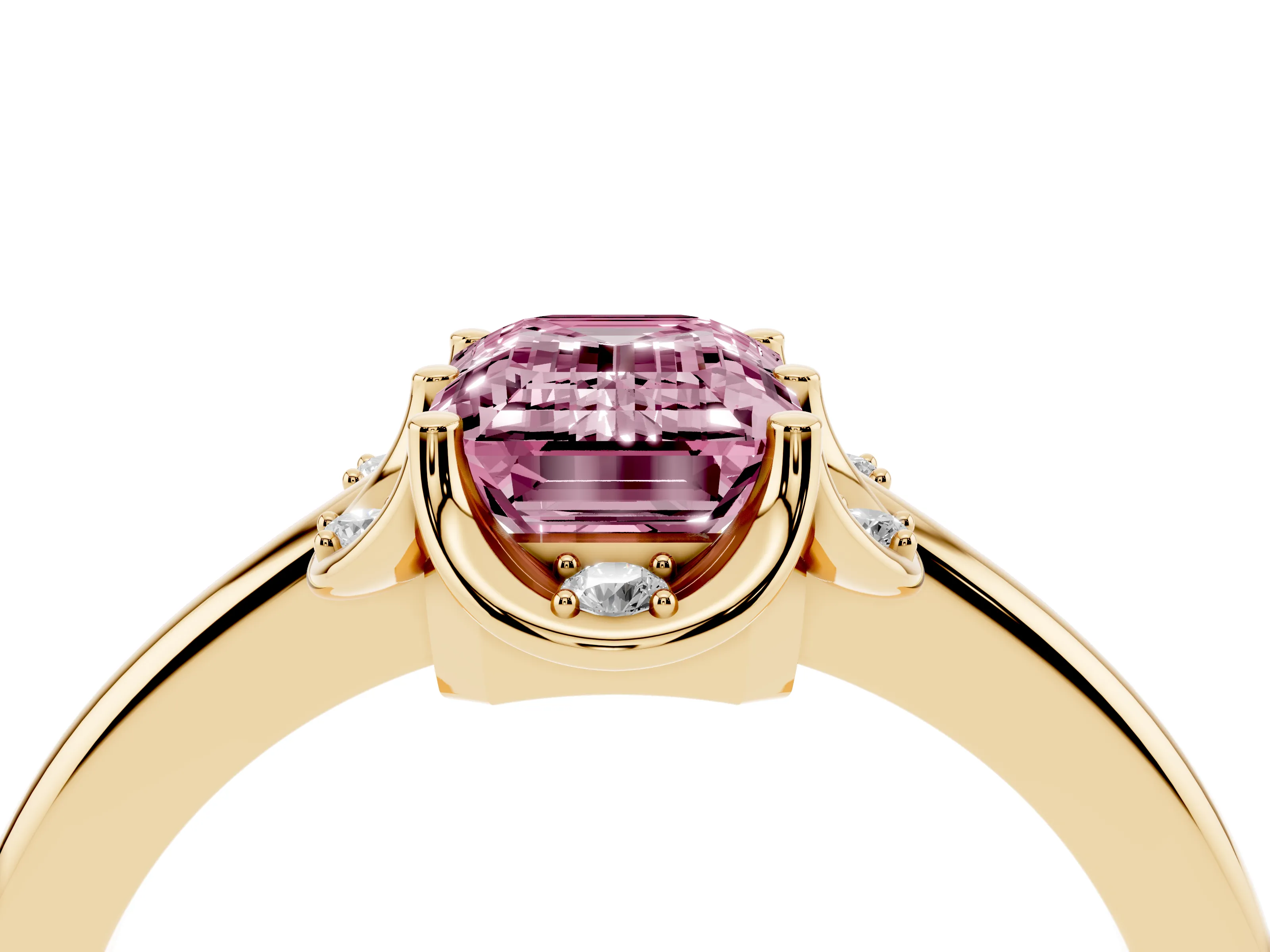 Fancy Pink Emerald Cut Diamond Round Cluster Halo Ring Set in Yellow gold with Solitaire Band and Prong Setting
