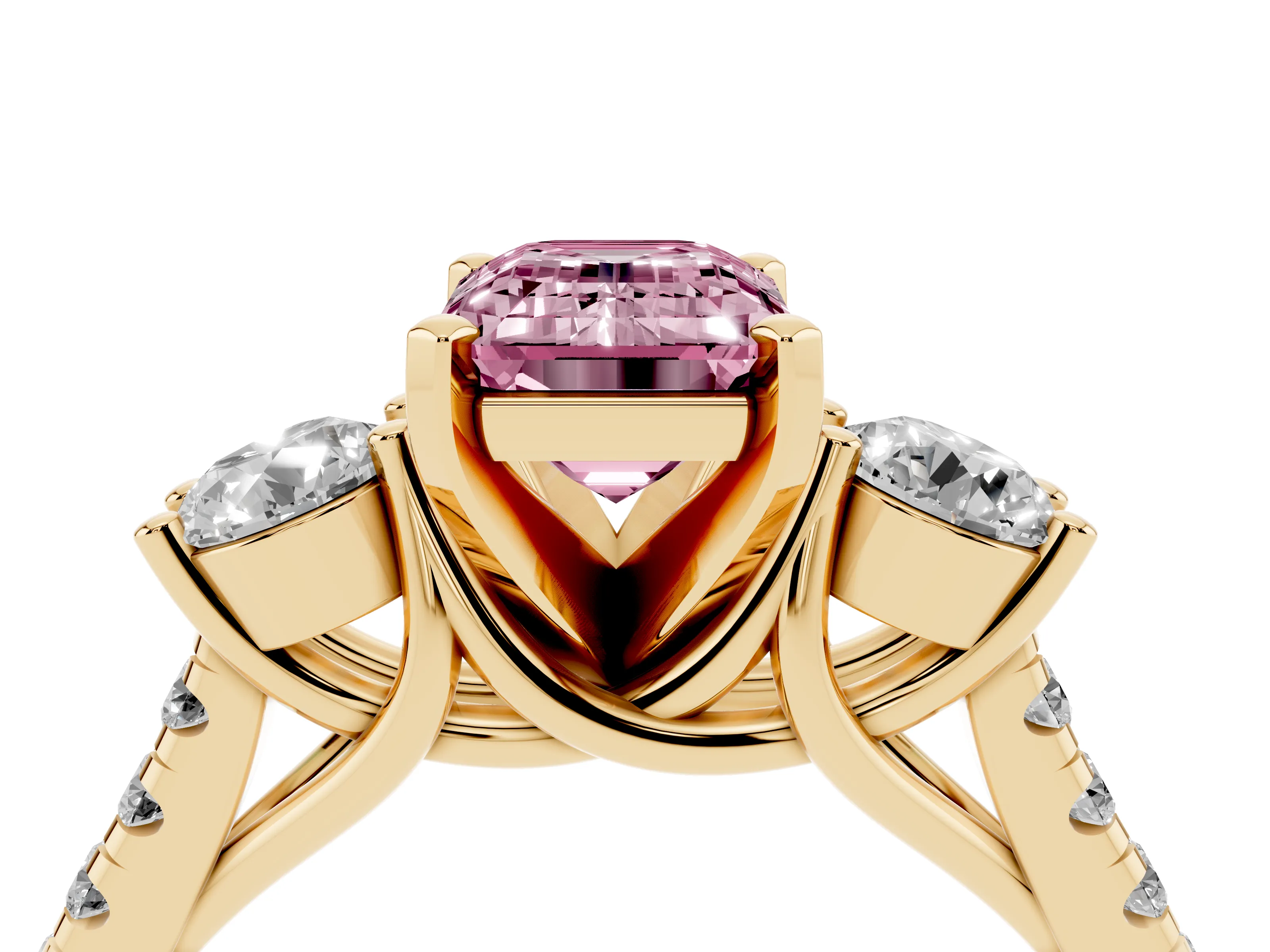 Fancy Pink Three-Stone Emerald Cut Diamond Pavé Band Ring Set in Yellow gold with Prong-Set Trio