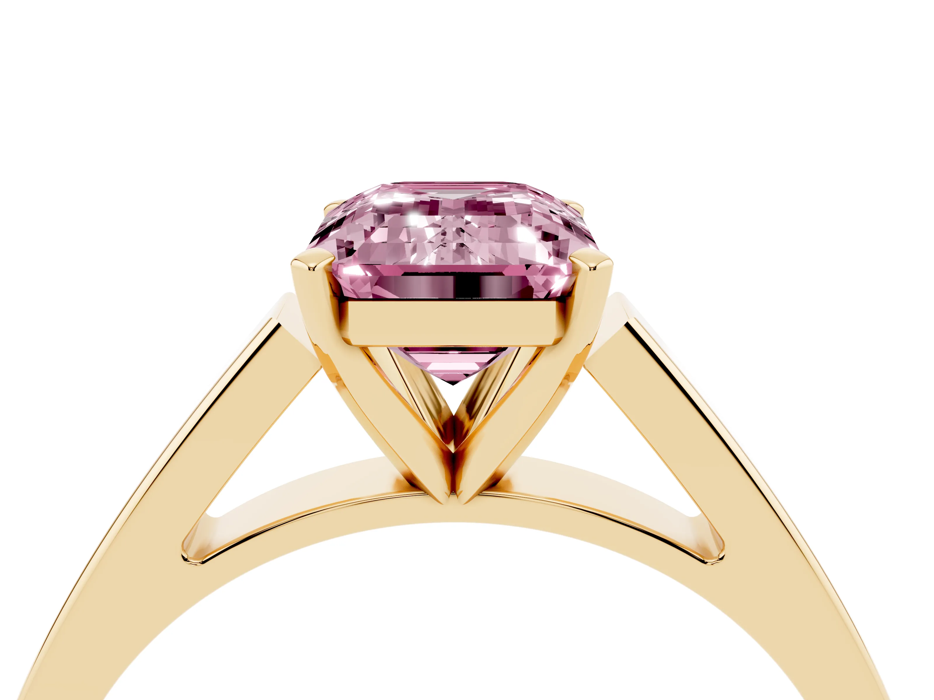 Fancy Pink Emerald Cut Diamond Solitaire Engagement Ring Set in Yellow gold with Prong Setting and Tapered Band