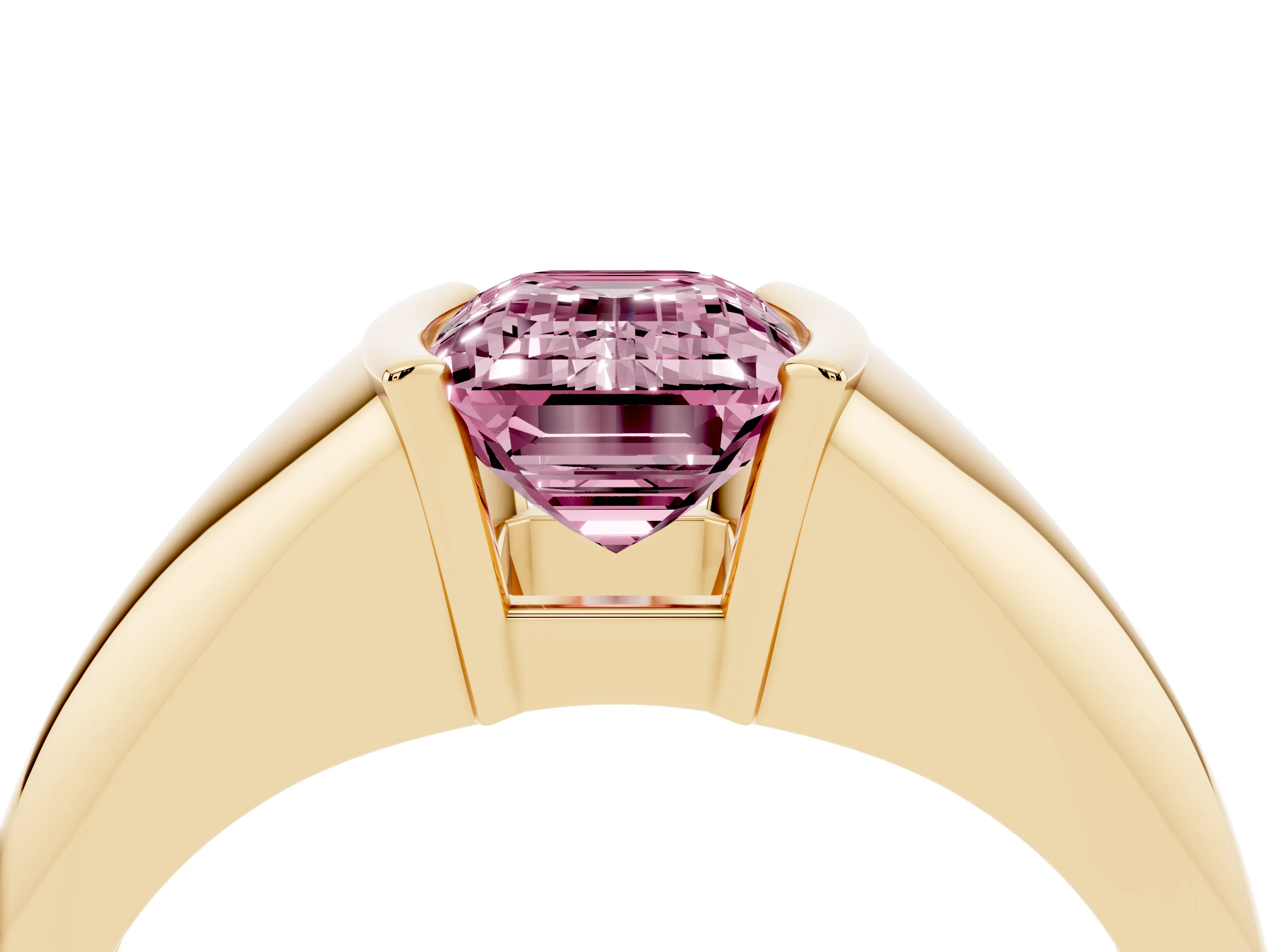 Fancy Pink Emerald Cut Diamond Solitaire Tension Set Ring Set in Yellow gold