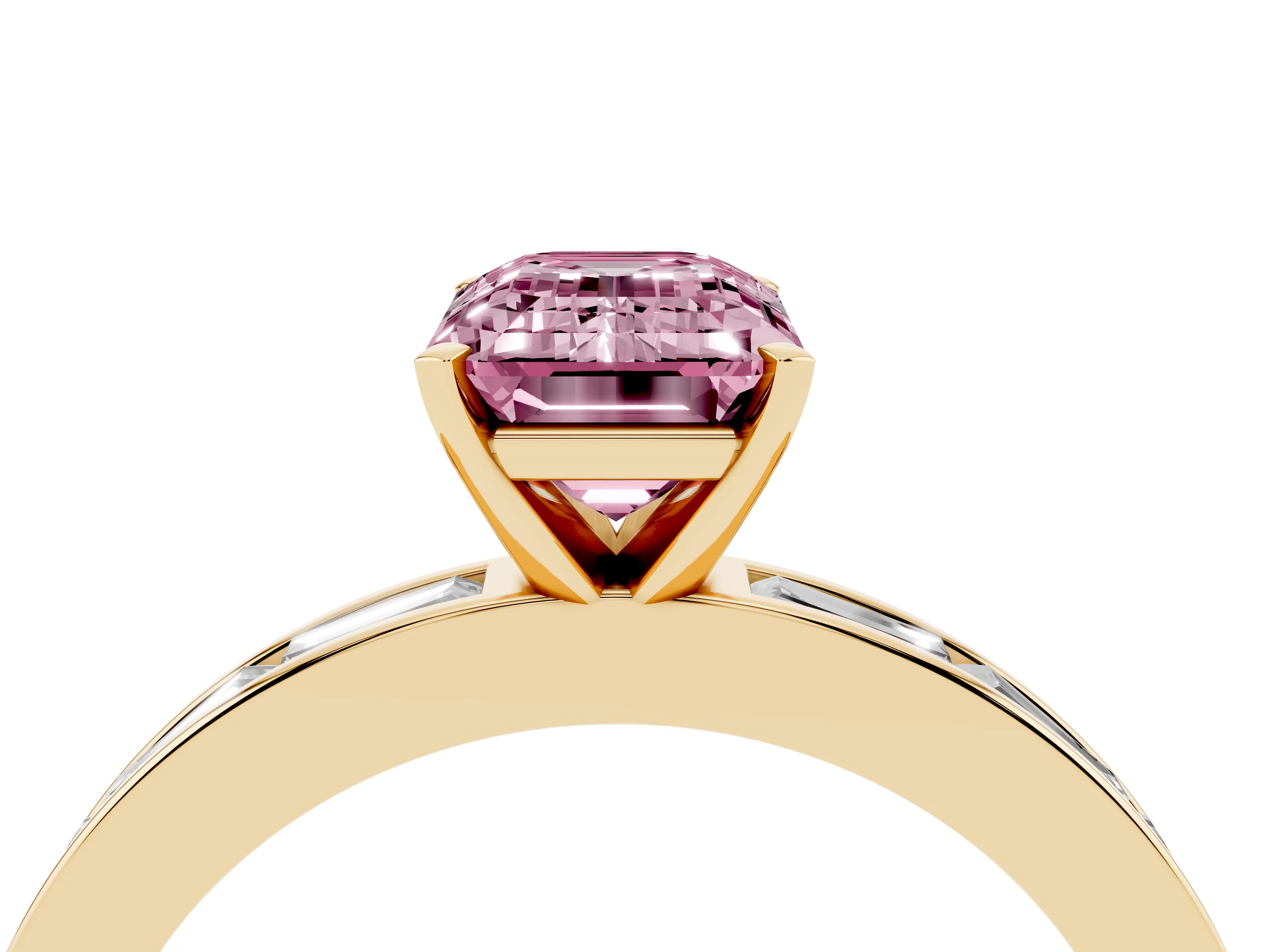 Fancy Pink Emerald Cut Diamond Solitaire Ring Set in Yellow gold with Channel-Set Baguette Band and Prong Setting