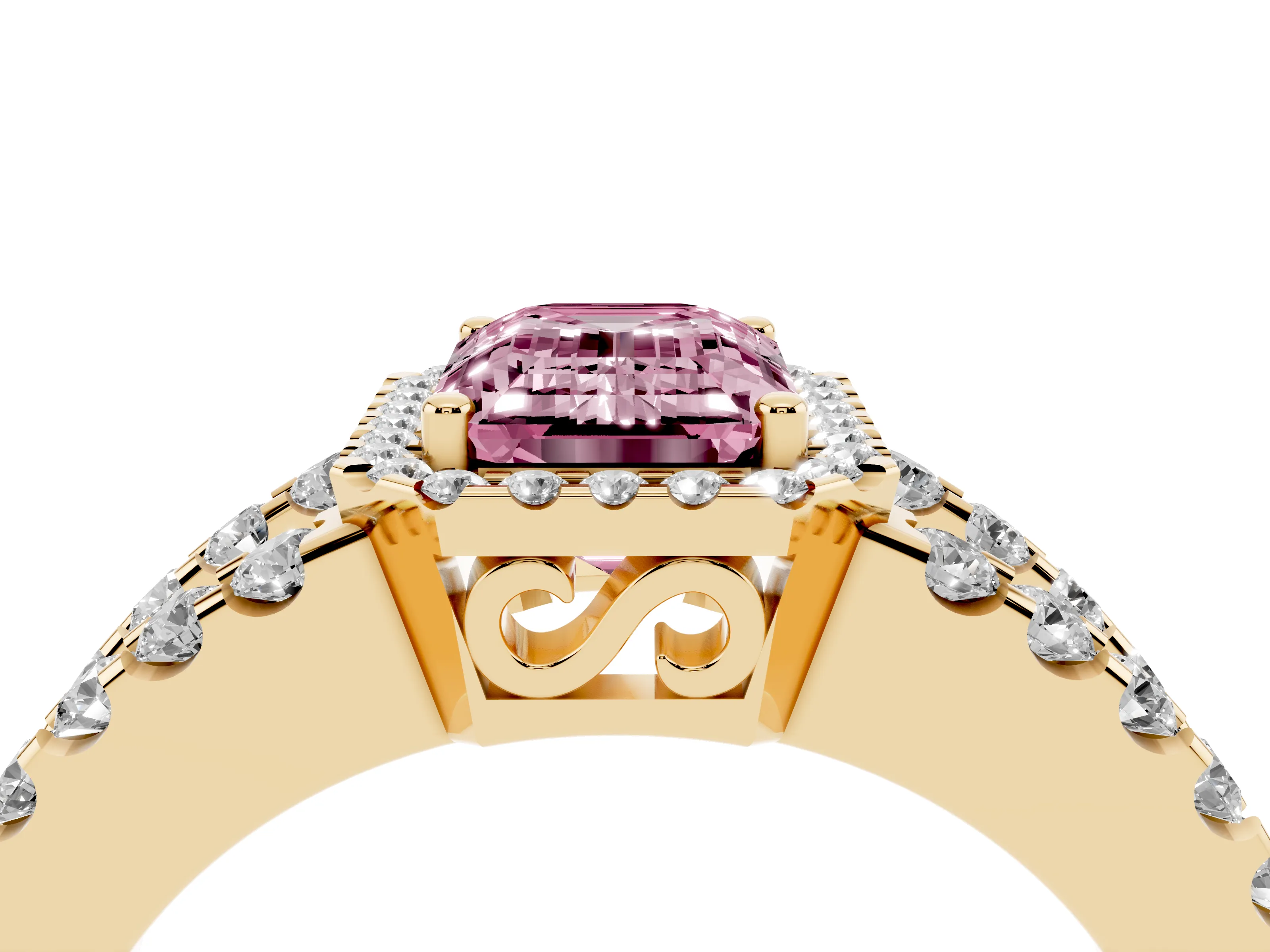 Fancy Pink Emerald Cut Diamond Halo Ring Set in Yellow gold with Pavé Split Shank and Prong Setting