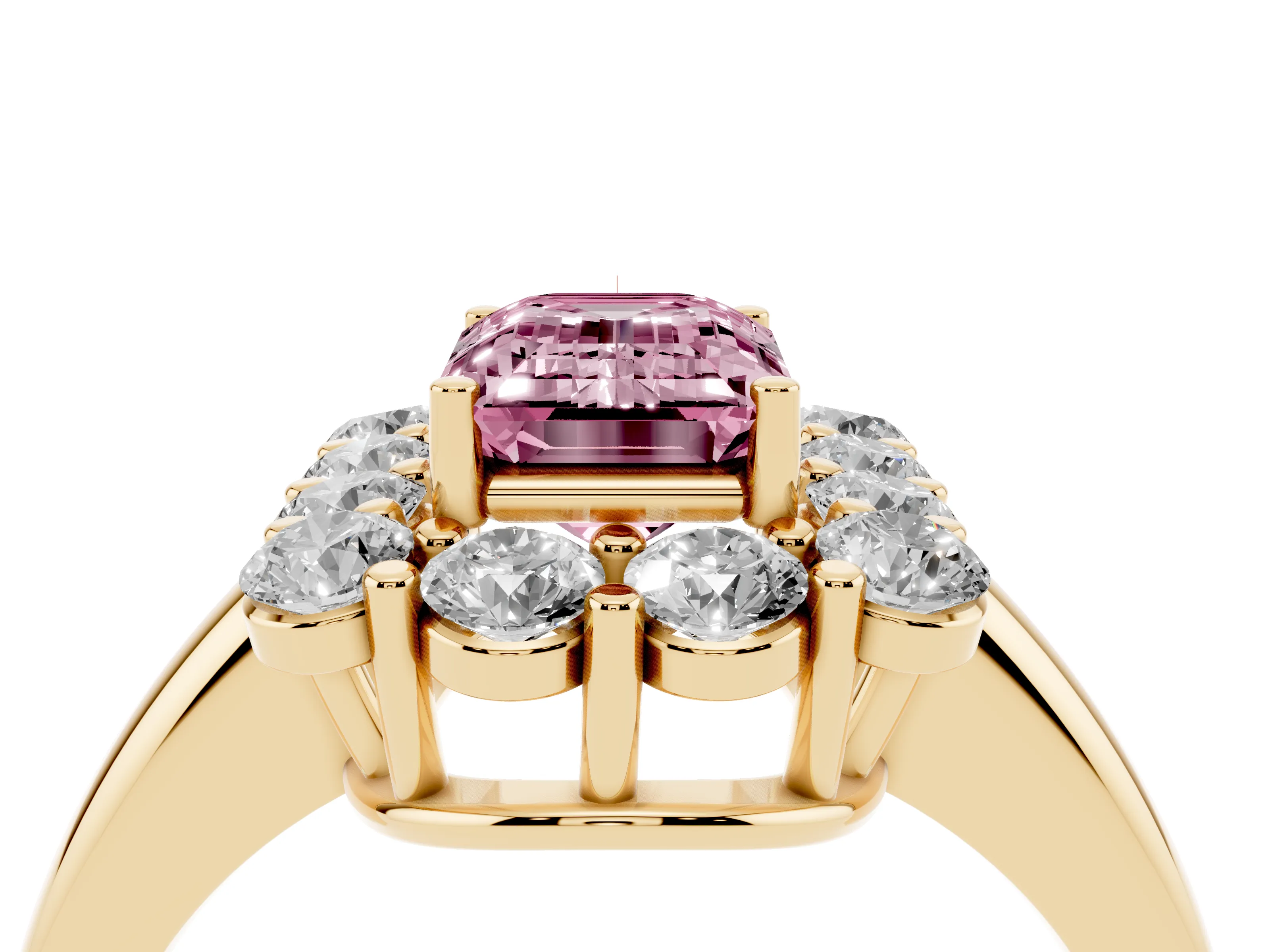 Fancy Pink Emerald Cut Diamond Halo Cluster Engagement Ring Set in Yellow gold with Polished Band and Prong Setting