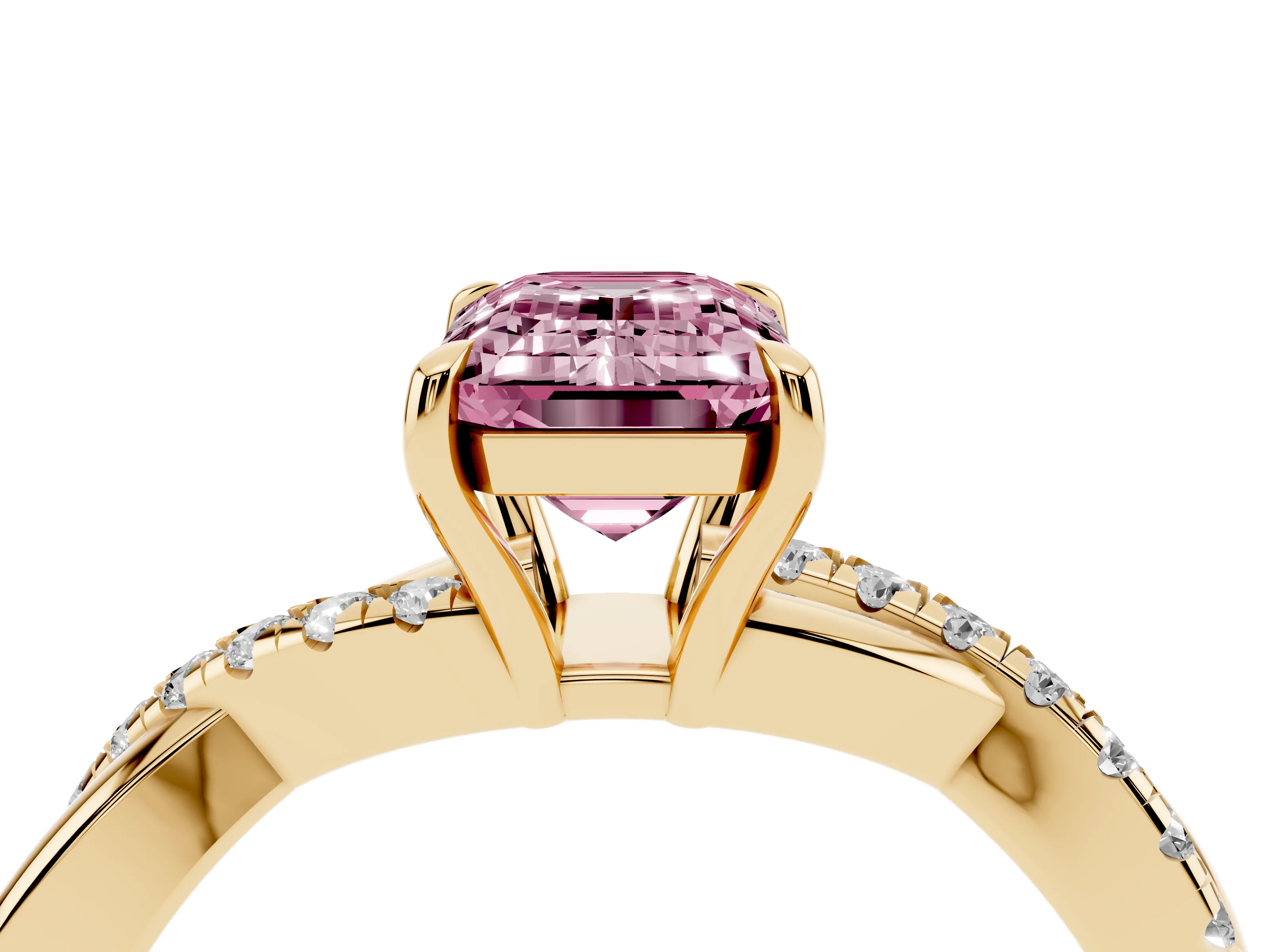 Fancy Pink Emerald Cut Diamond Twisted Pavé Band Ring Set in Yellow gold with Prong Setting