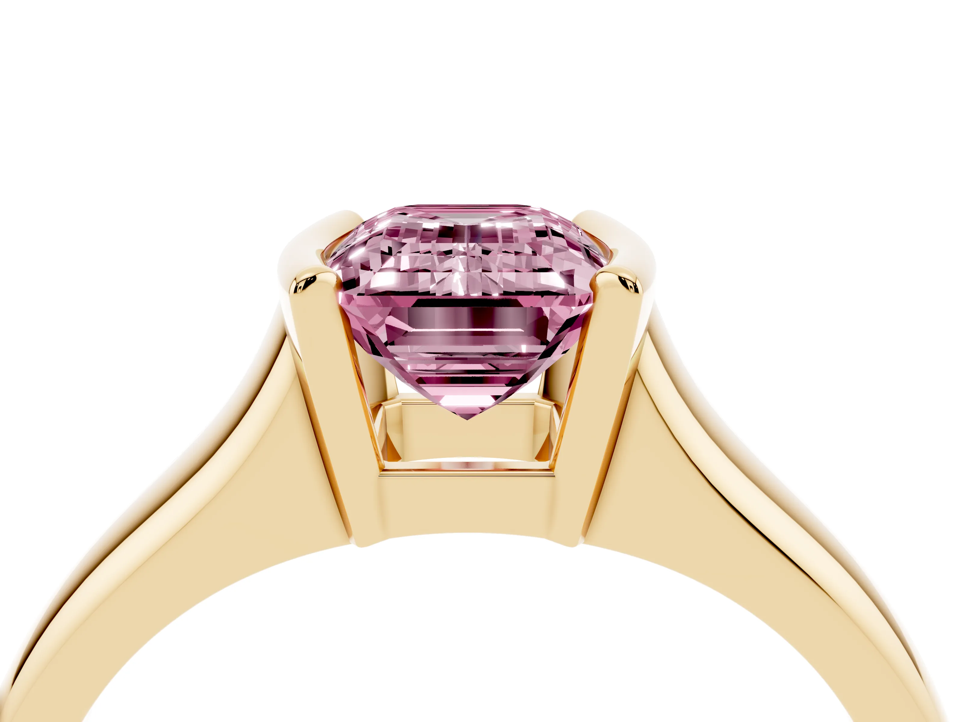 Fancy Pink Emerald Cut Diamond Solitaire Tension Set Ring Set in Yellow gold with Split Shank Band
