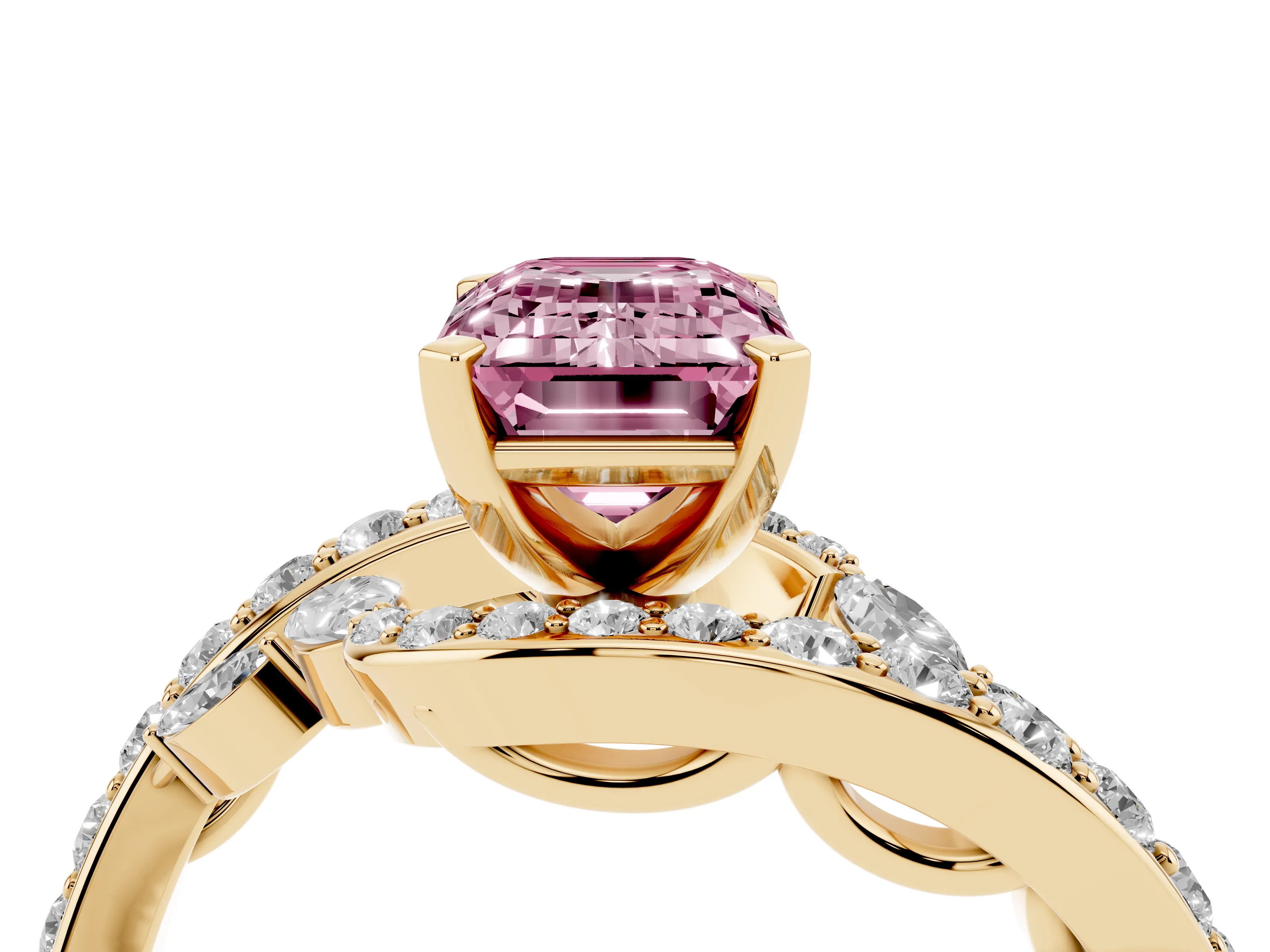 Fancy Pink Emerald Cut Diamond Solitaire Ring Set in Yellow gold with Pavé Twist Band and Secure Prong Setting