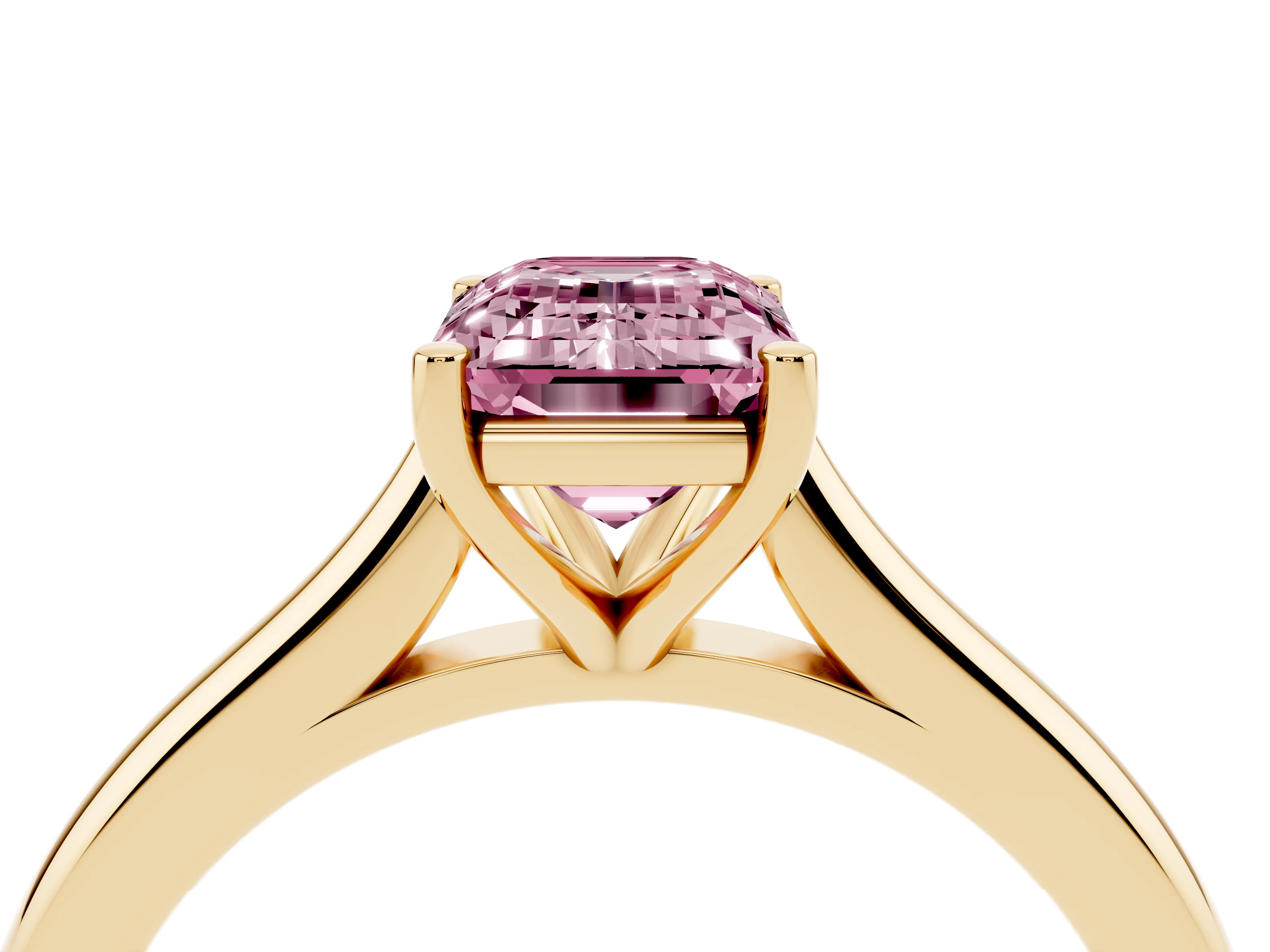 Fancy Pink Emerald Cut Diamond Solitaire Ring Set in Yellow gold with Cathedral Band and Prong Setting