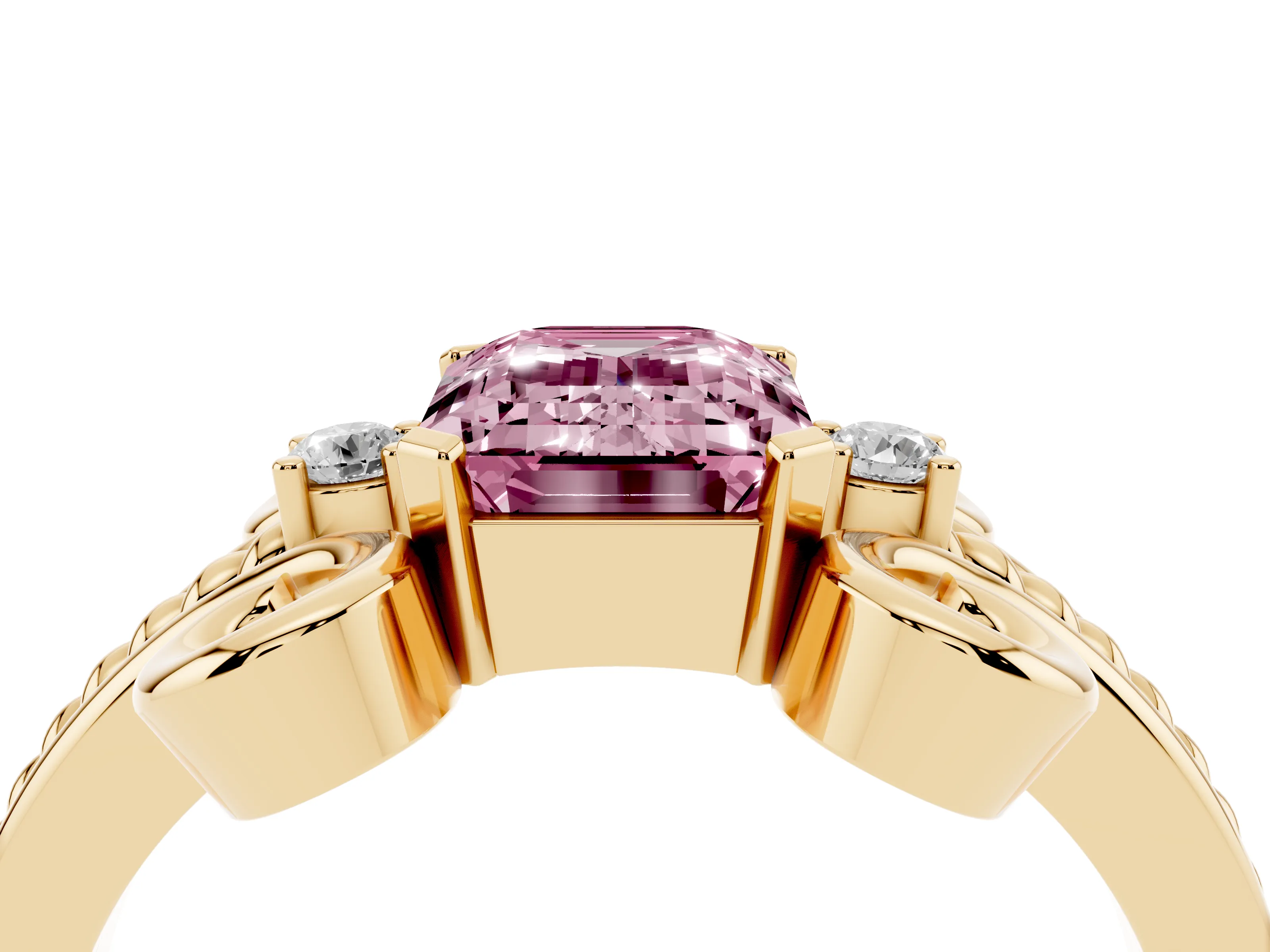 Fancy Pink Emerald Cut Diamond Twisted Band Solitaire Ring Set in Yellow gold with Scroll Prongs