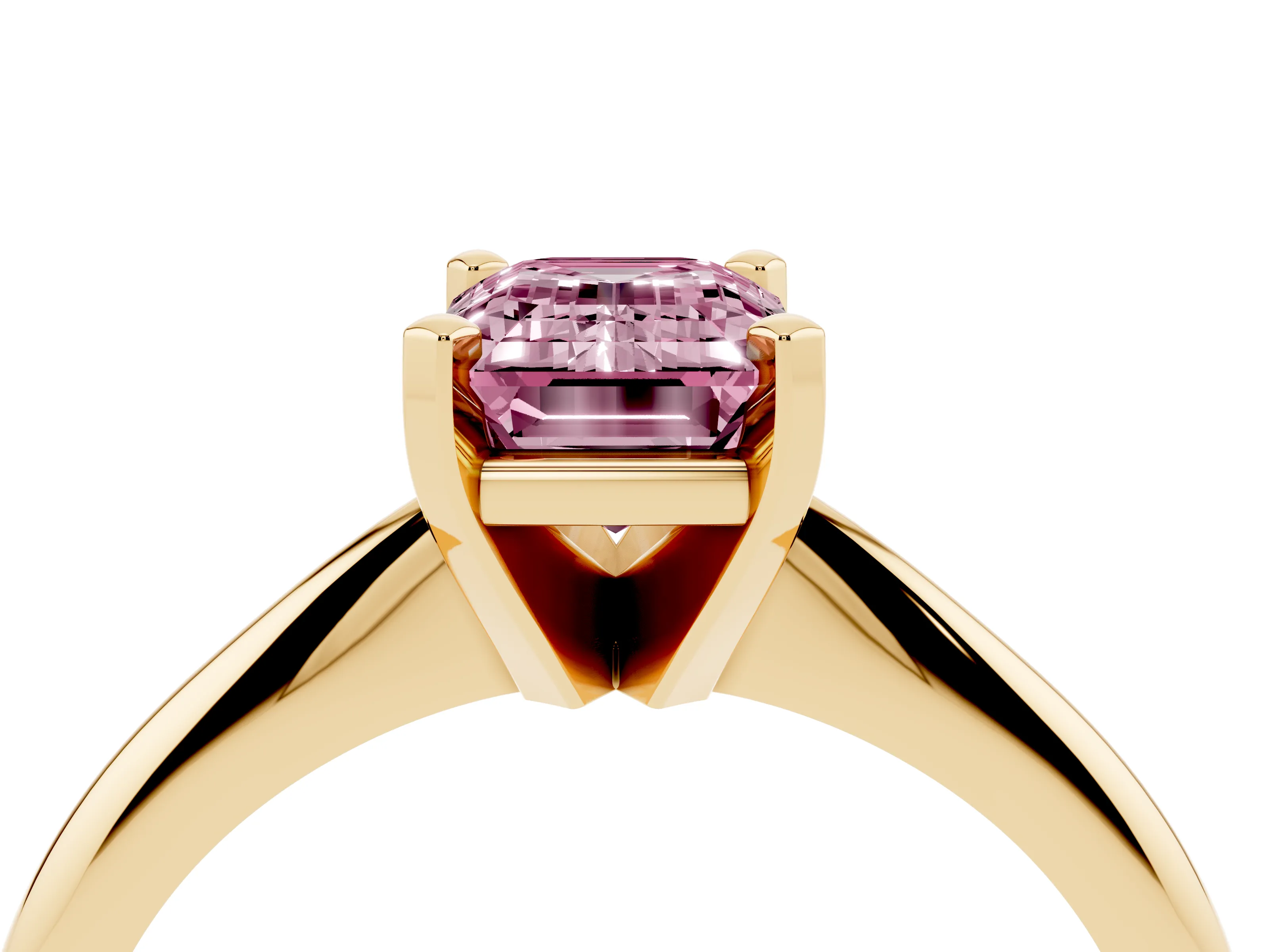 Fancy Pink Emerald Cut Diamond Solitaire Ring Set in Yellow gold with Prong Setting on a Plain Round Band