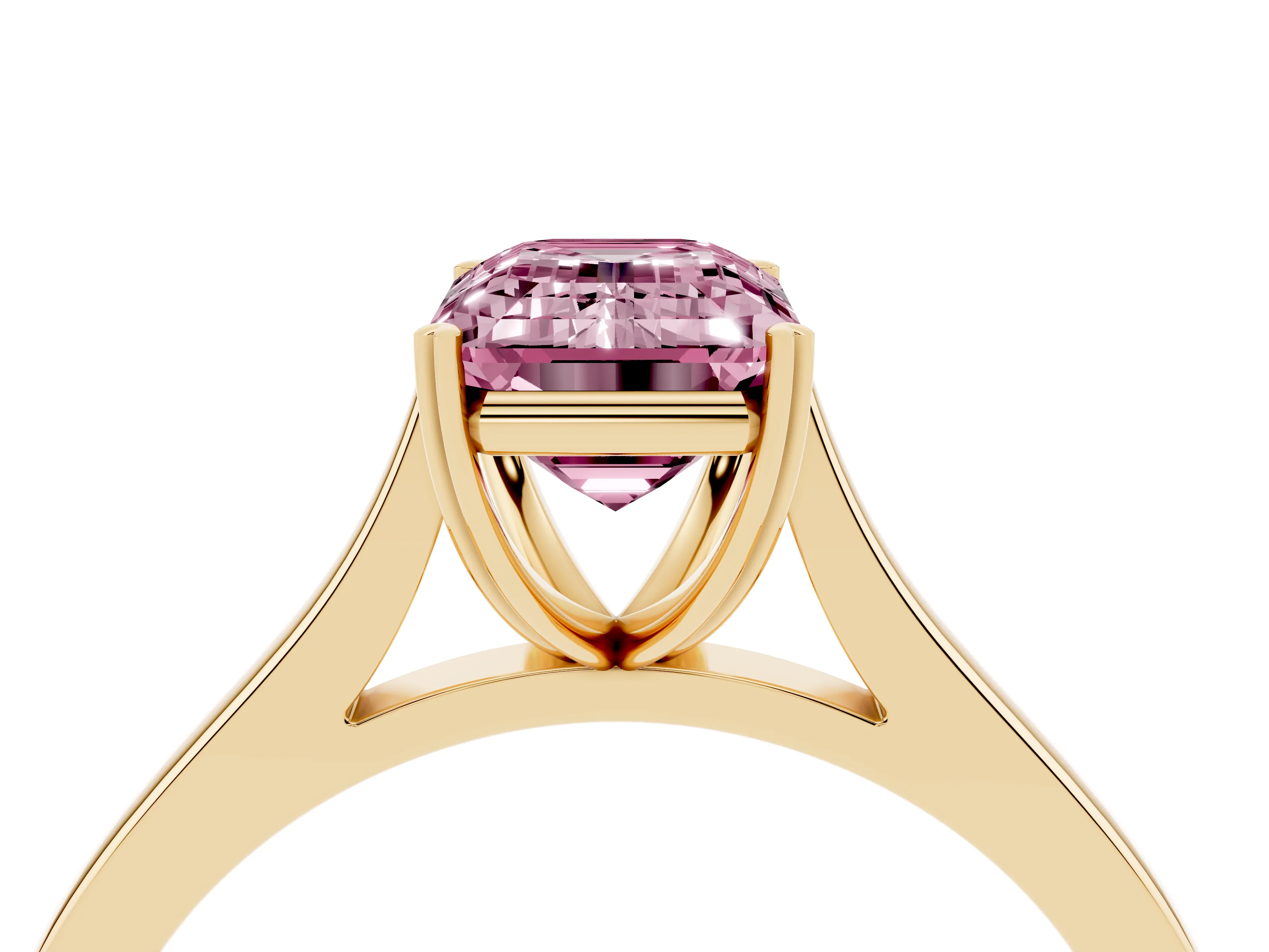 Fancy Pink Emerald Cut Diamond Solitaire Heart Prong Engagement Ring Set in Yellow gold with Tapered Band
