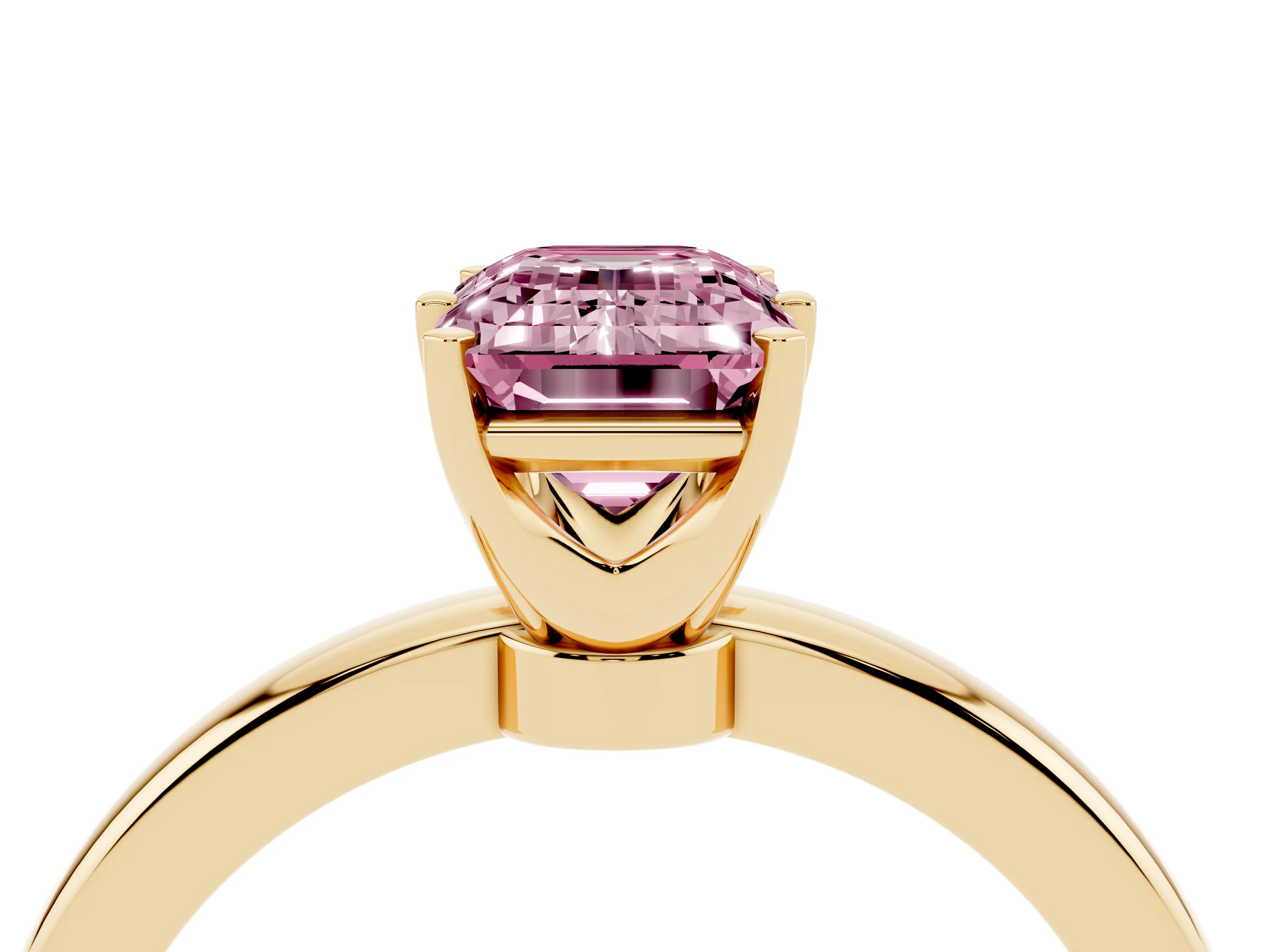 Fancy Pink Emerald Cut Diamond Solitaire Ring Set in Yellow gold with Raised Prong Setting on a Classic Band