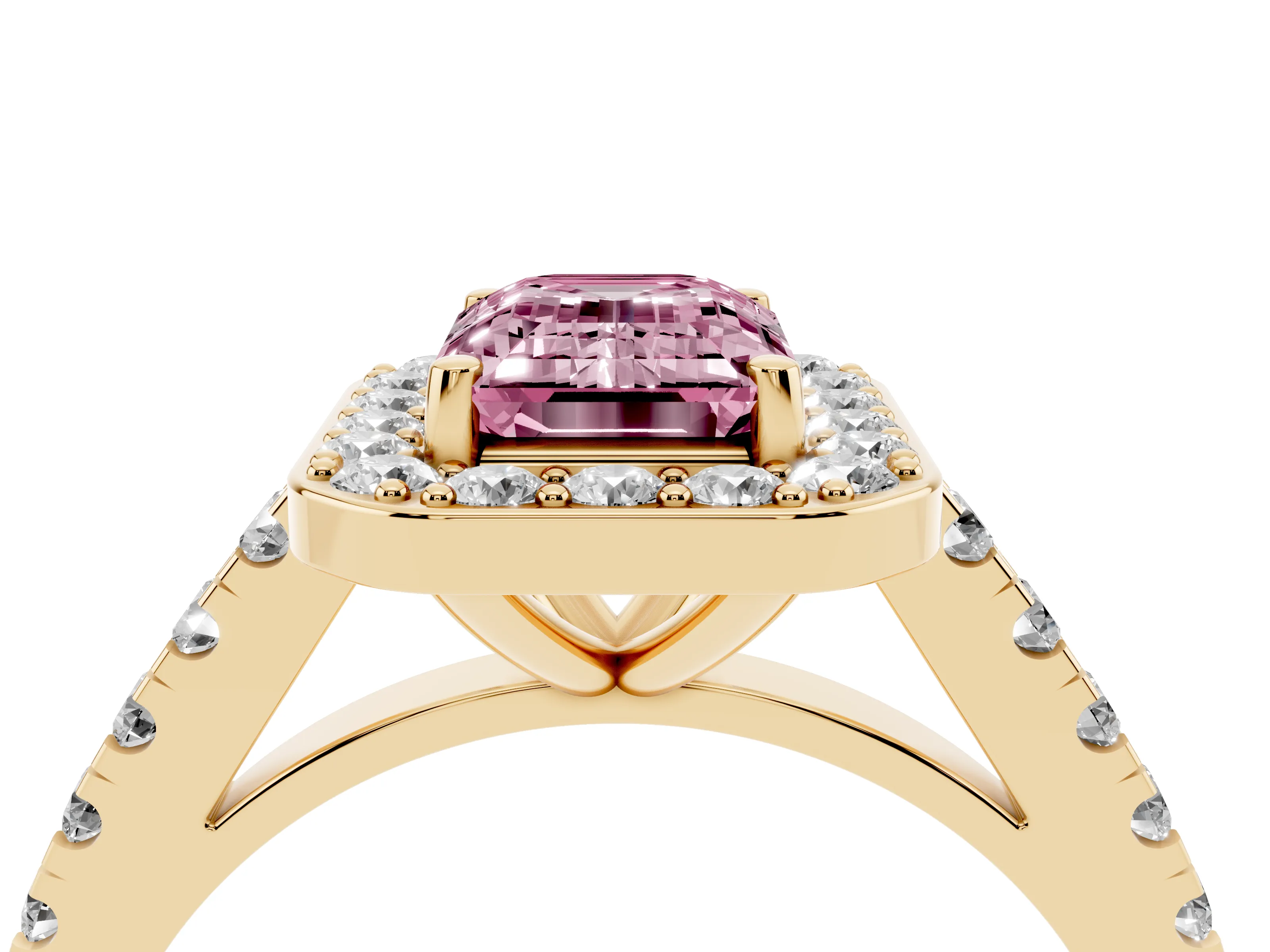 Fancy Pink Emerald Cut Diamond Halo Ring Set in Yellow gold with Round Pavé Split Shank and Prong Setting