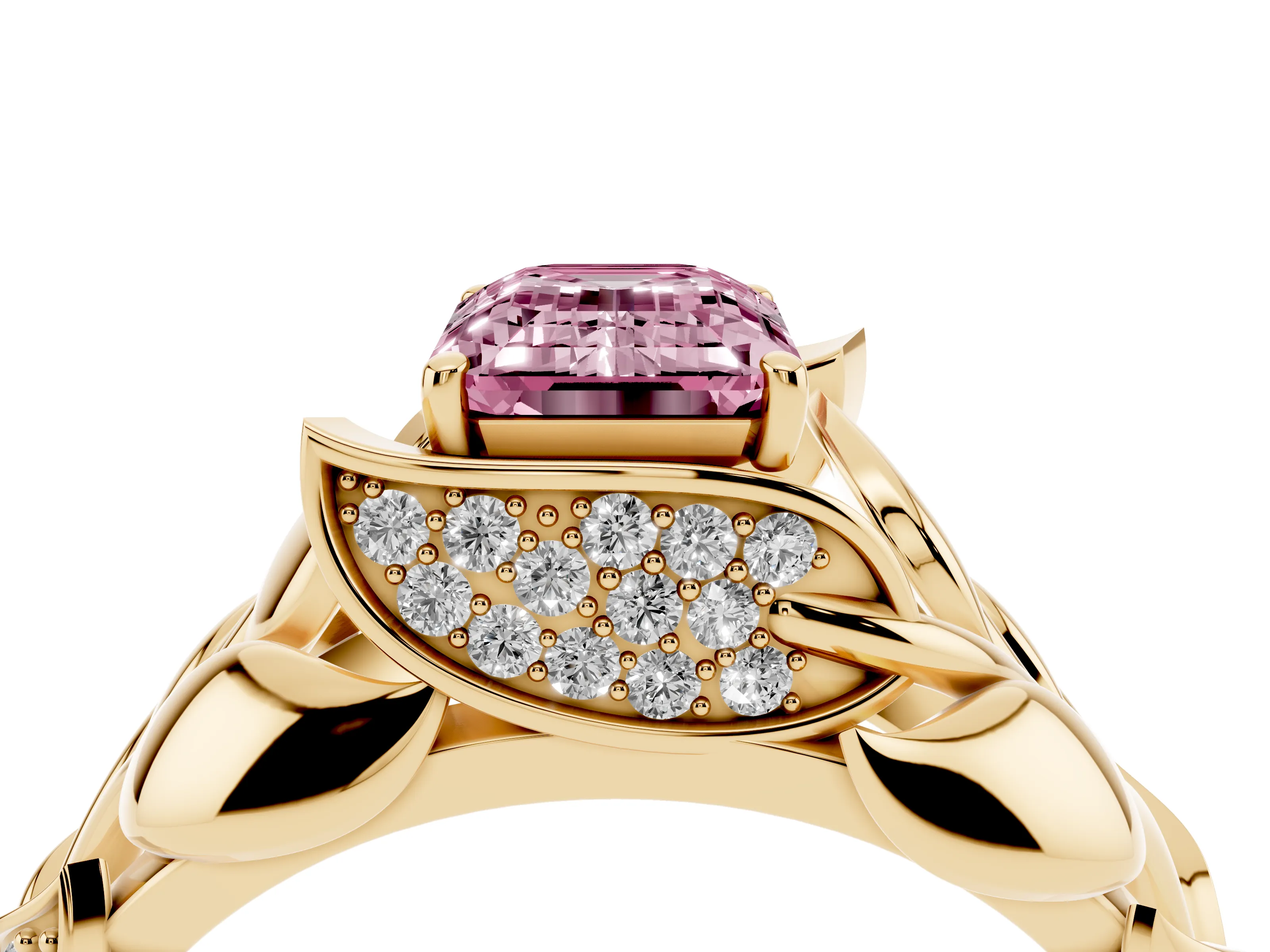 Fancy Pink Emerald Cut Diamond Leaf-Inspired Engagement Ring Set in Yellow gold with Round Accents
