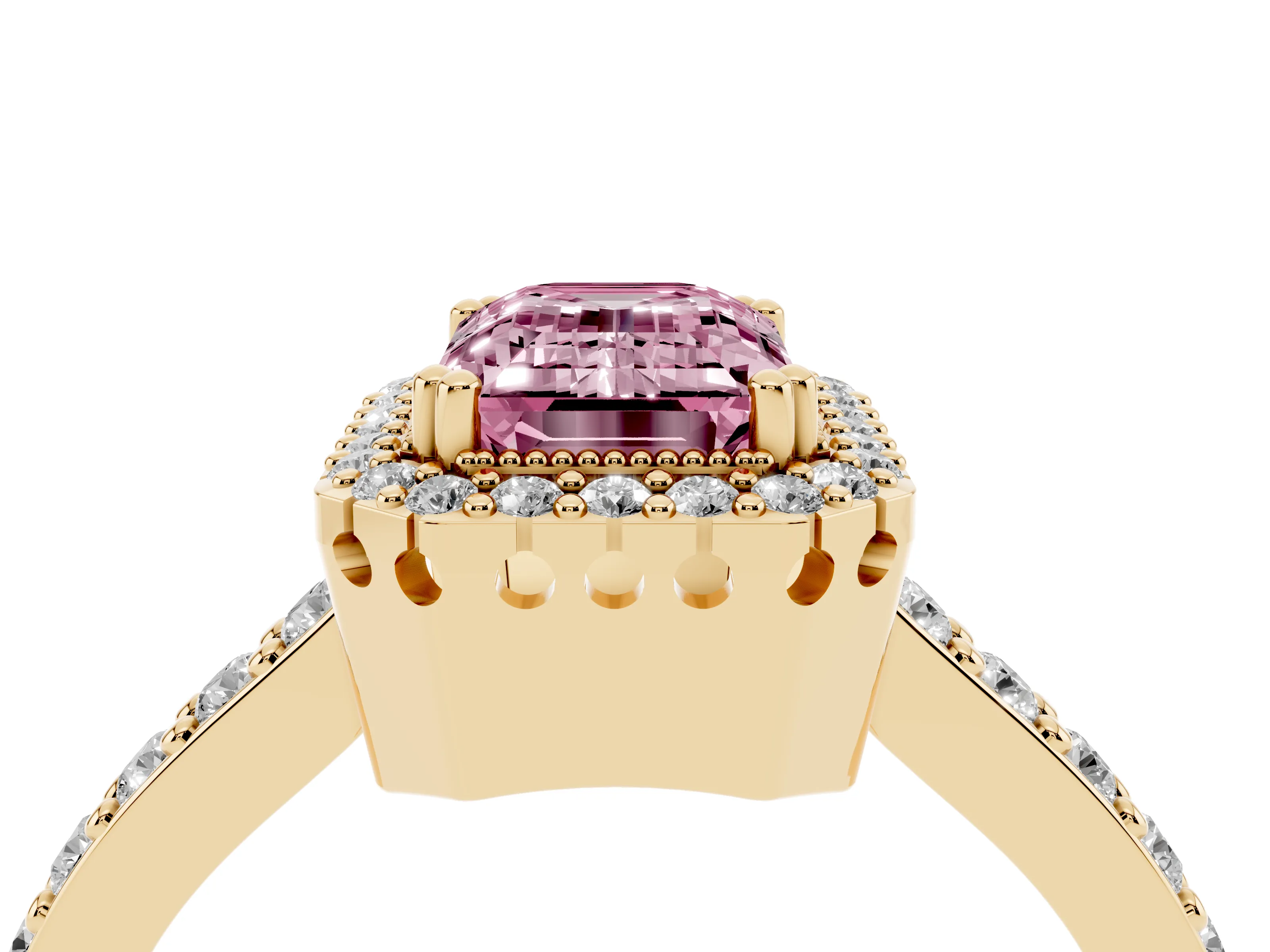 Fancy Pink Emerald Cut Diamond Halo Engagement Ring Set in Yellow gold with Milgrain Detail and Pavé Band