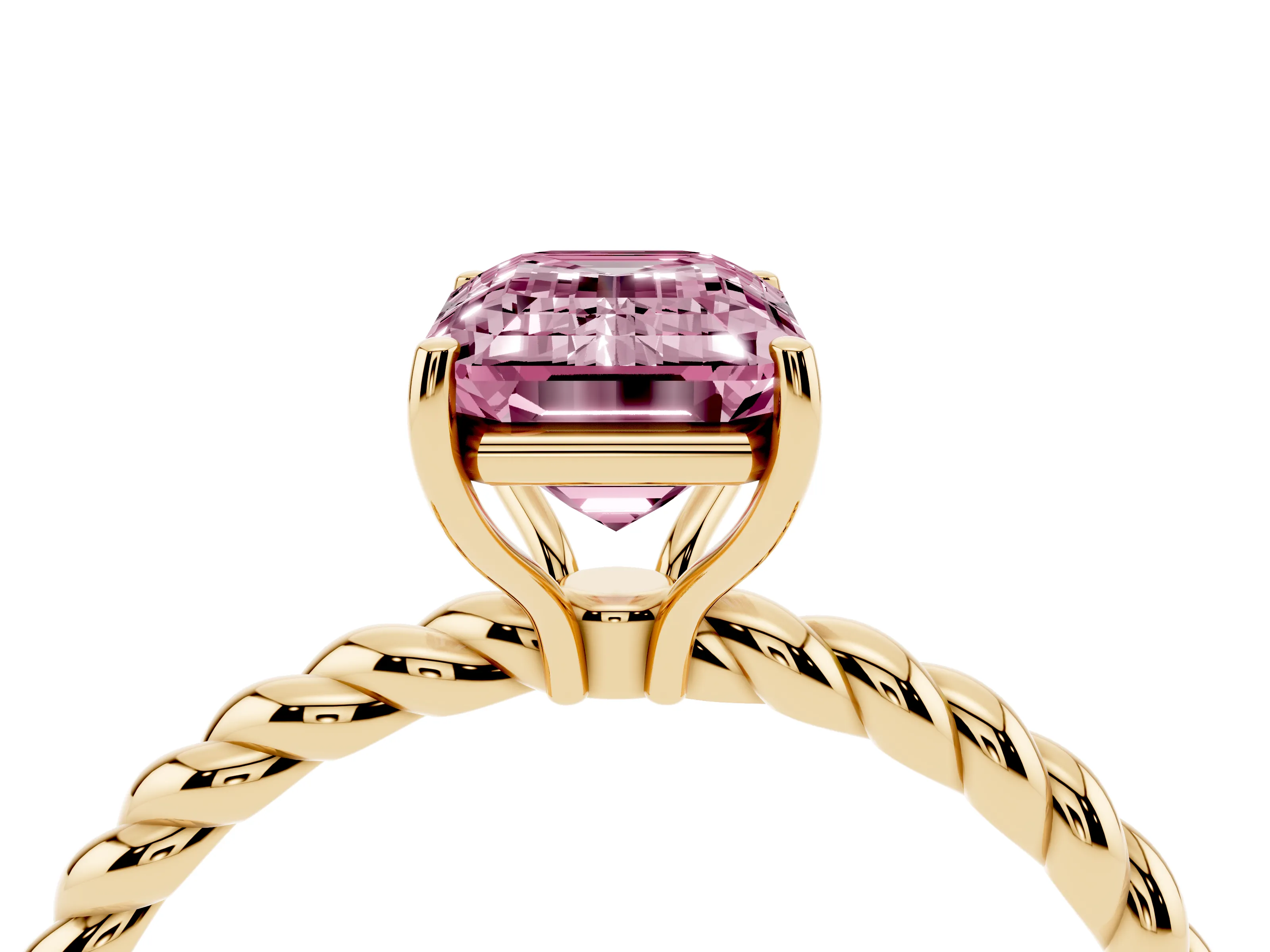 Fancy Pink Emerald Cut Diamond Solitaire Ring Set in Yellow gold with Twist Band and Prong Setting