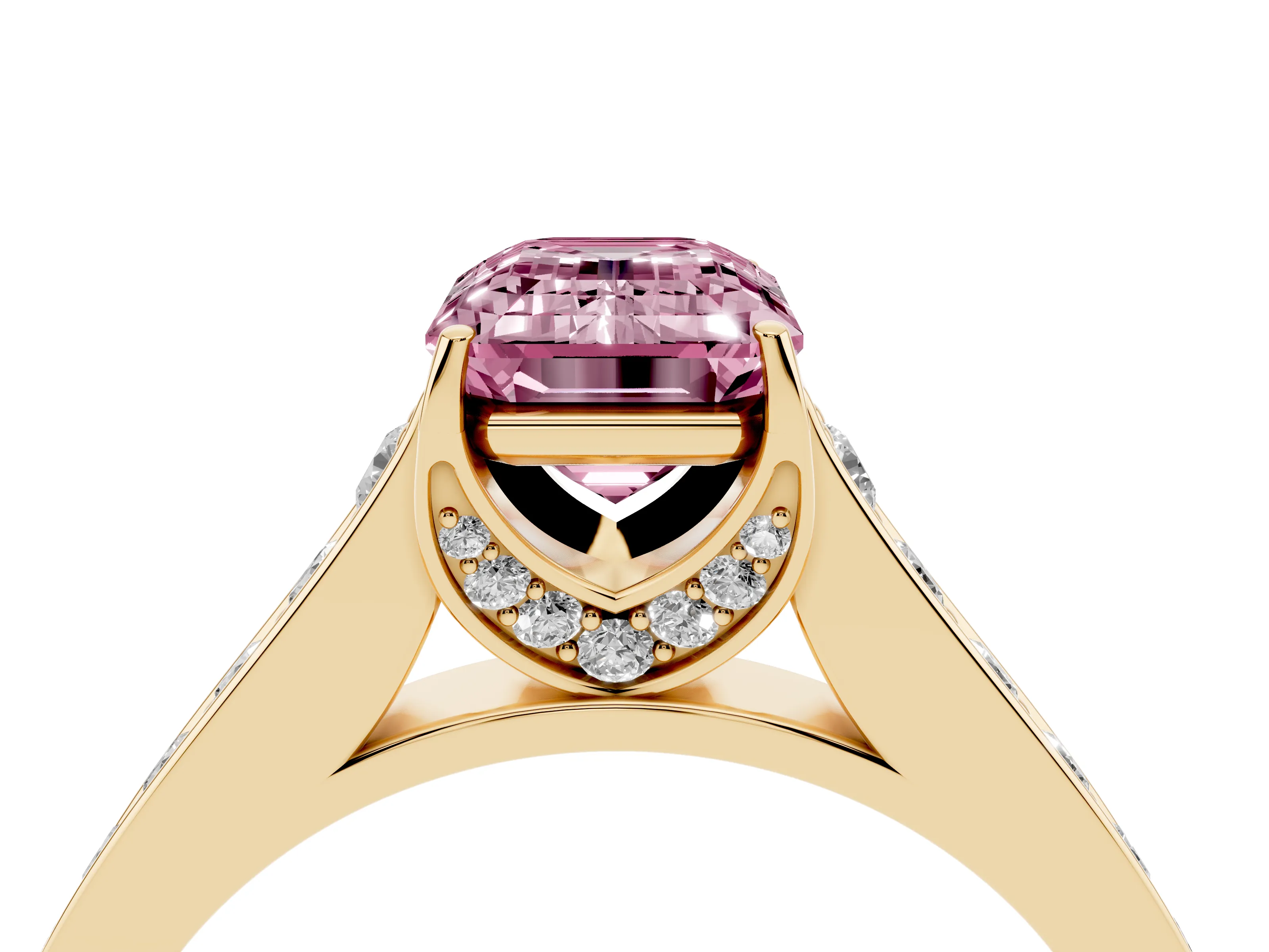 Fancy Pink Emerald Cut Diamond Solitaire Pavé Engagement Ring Set in Yellow gold with Prong Setting