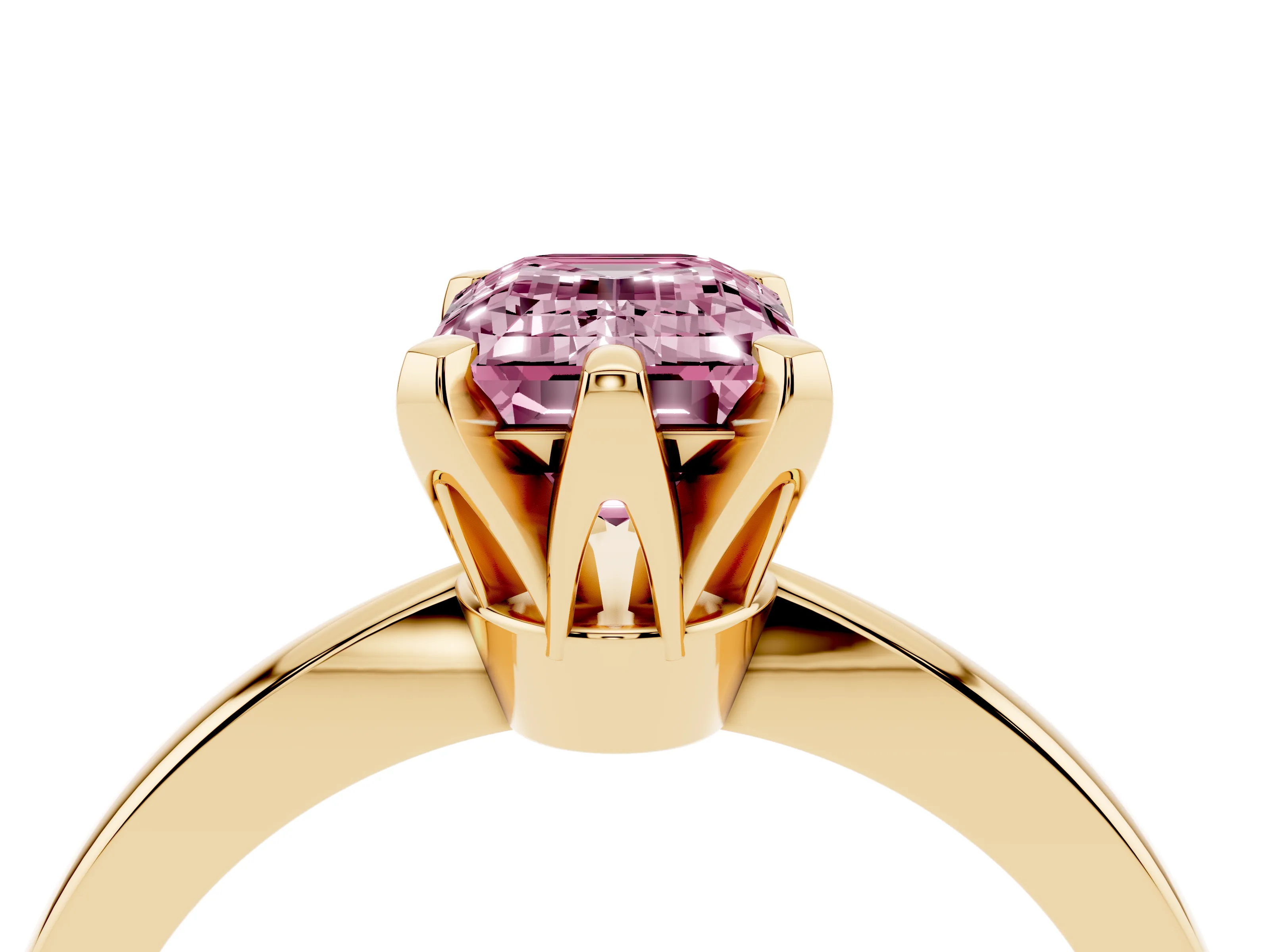 Fancy Pink Emerald Cut Diamond Solitaire Engagement Ring Set in Yellow gold with Slim Tapered Solitaire Band