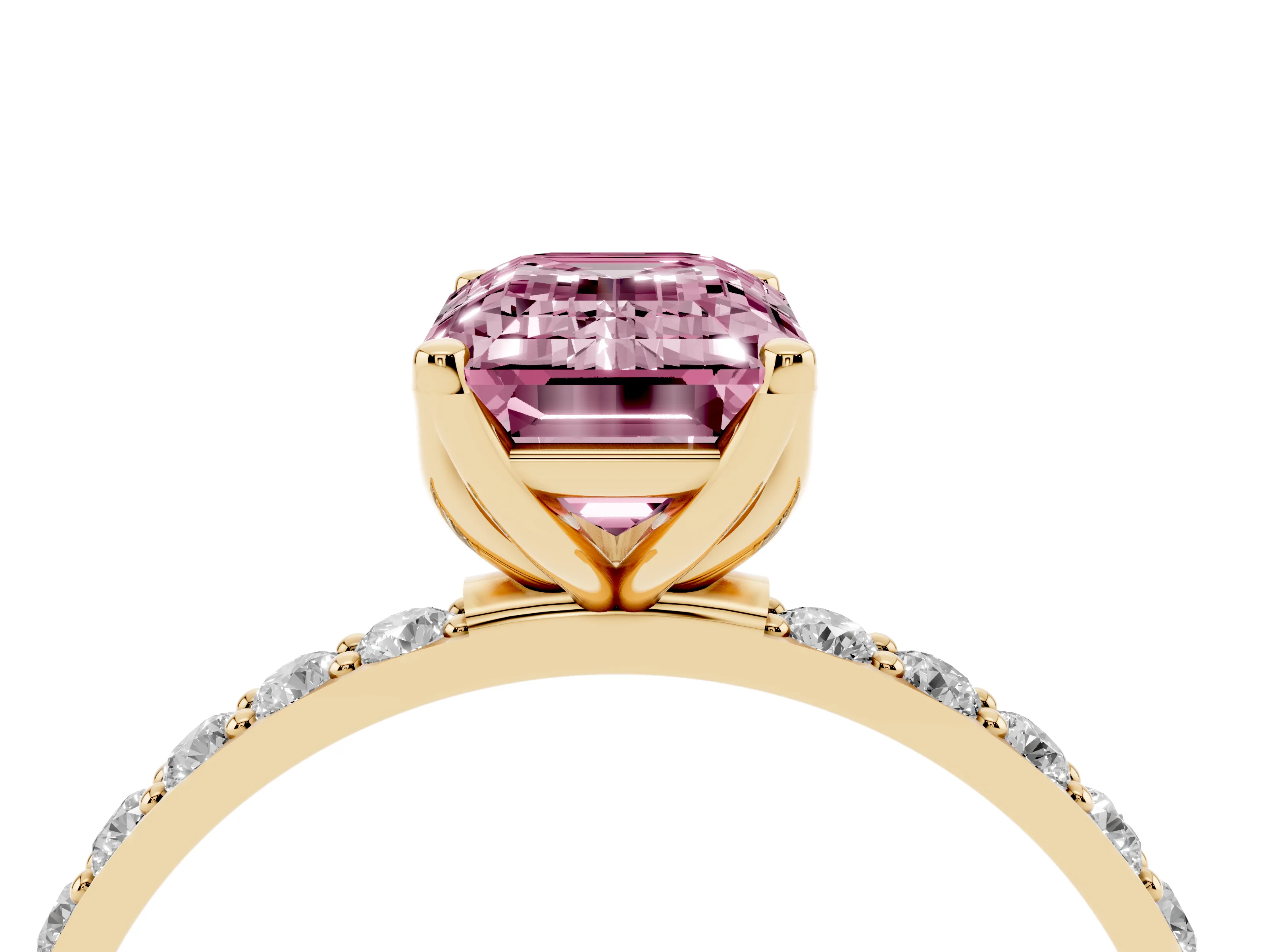 Fancy Pink Emerald Cut Diamond Solitaire Engagement Ring Set in Yellow gold with Round Pavé Band and Prong Setting