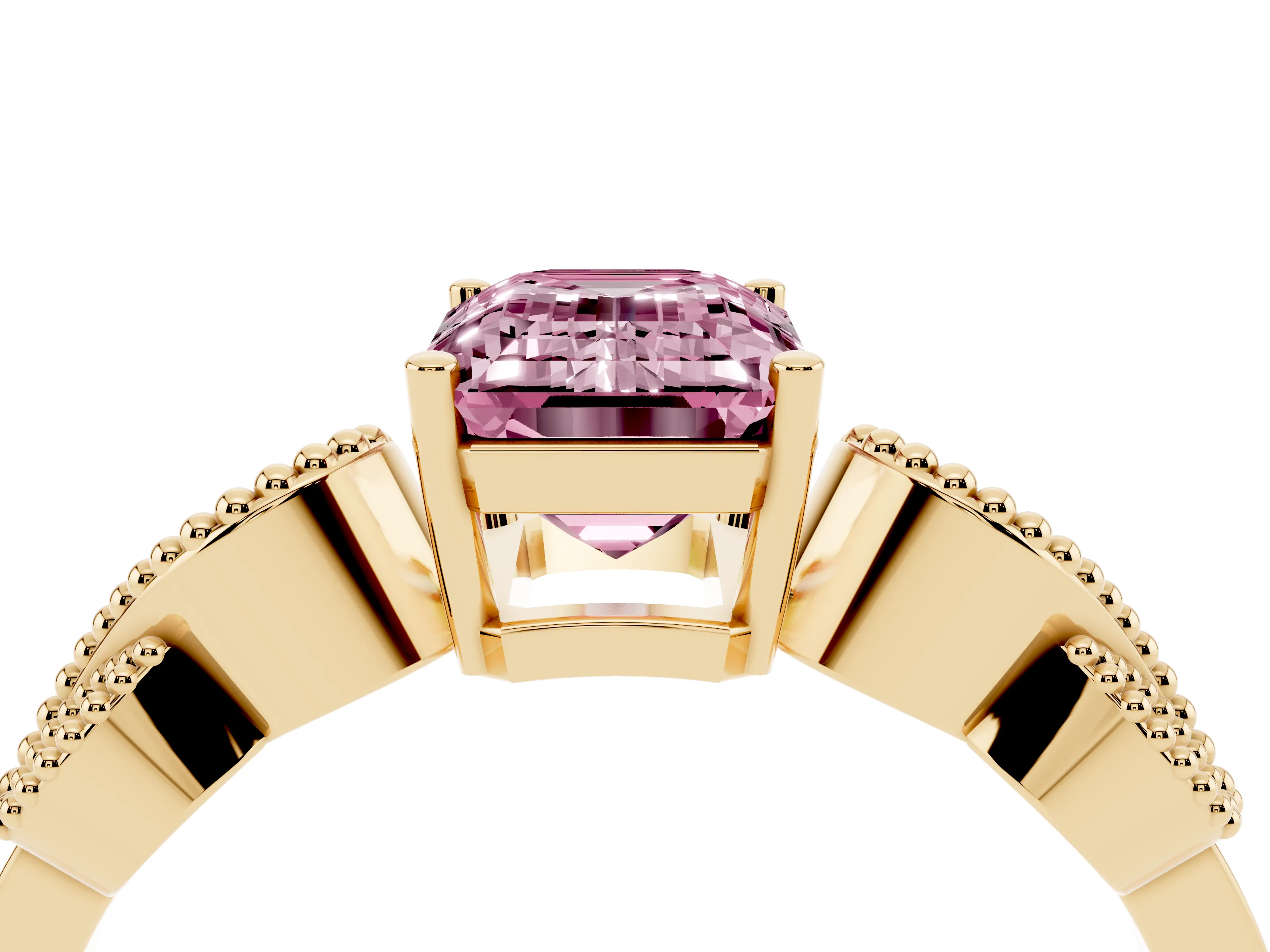 Fancy Pink Emerald Cut Diamond Milgrain Leaf Band Solitaire Ring Set in Yellow gold with Accent Stones and Prong Setting