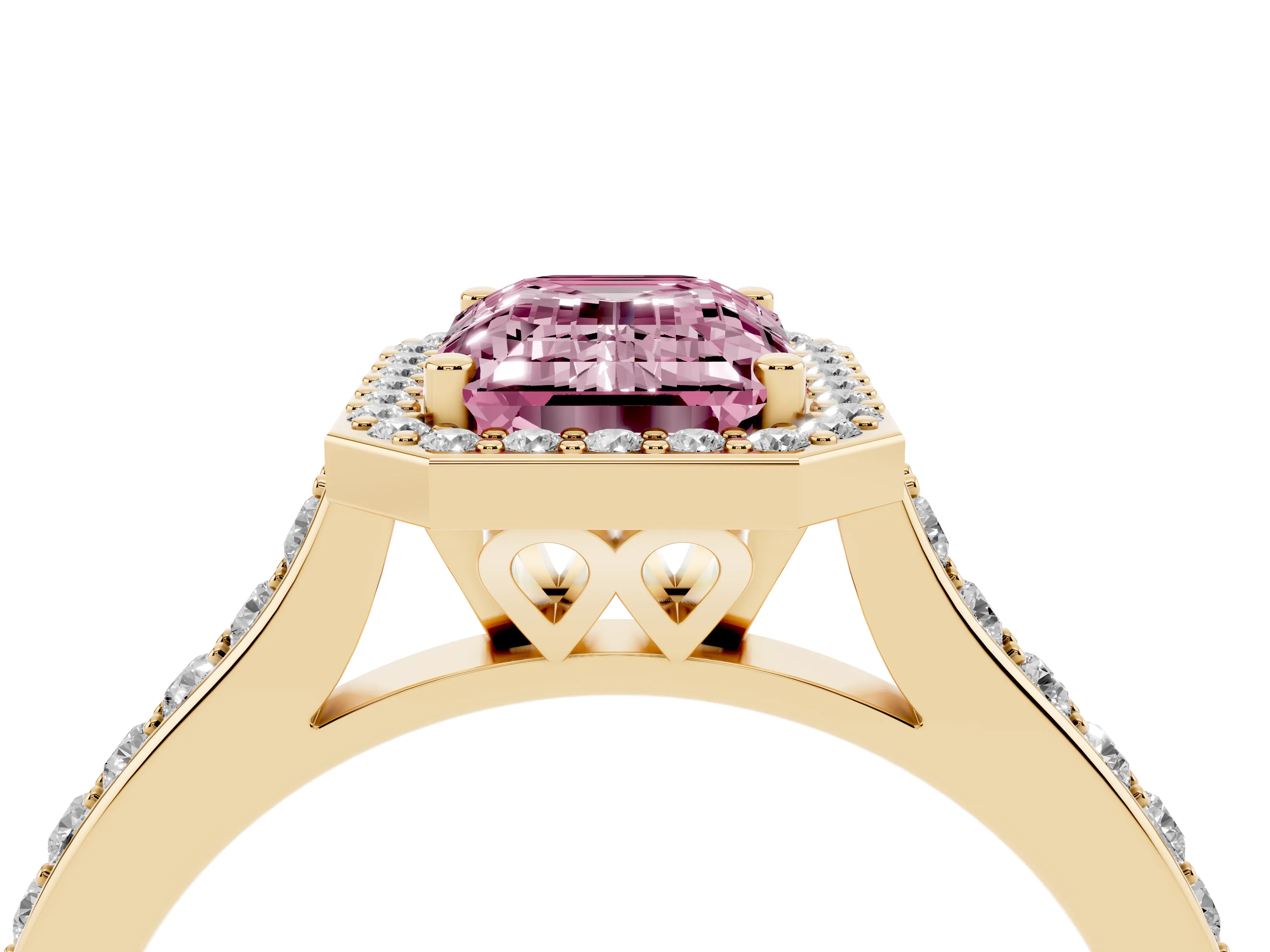 Fancy Pink Emerald Cut Diamond Halo Engagement Ring Set in Yellow gold with Round Pavé Shoulders and Heart Gallery