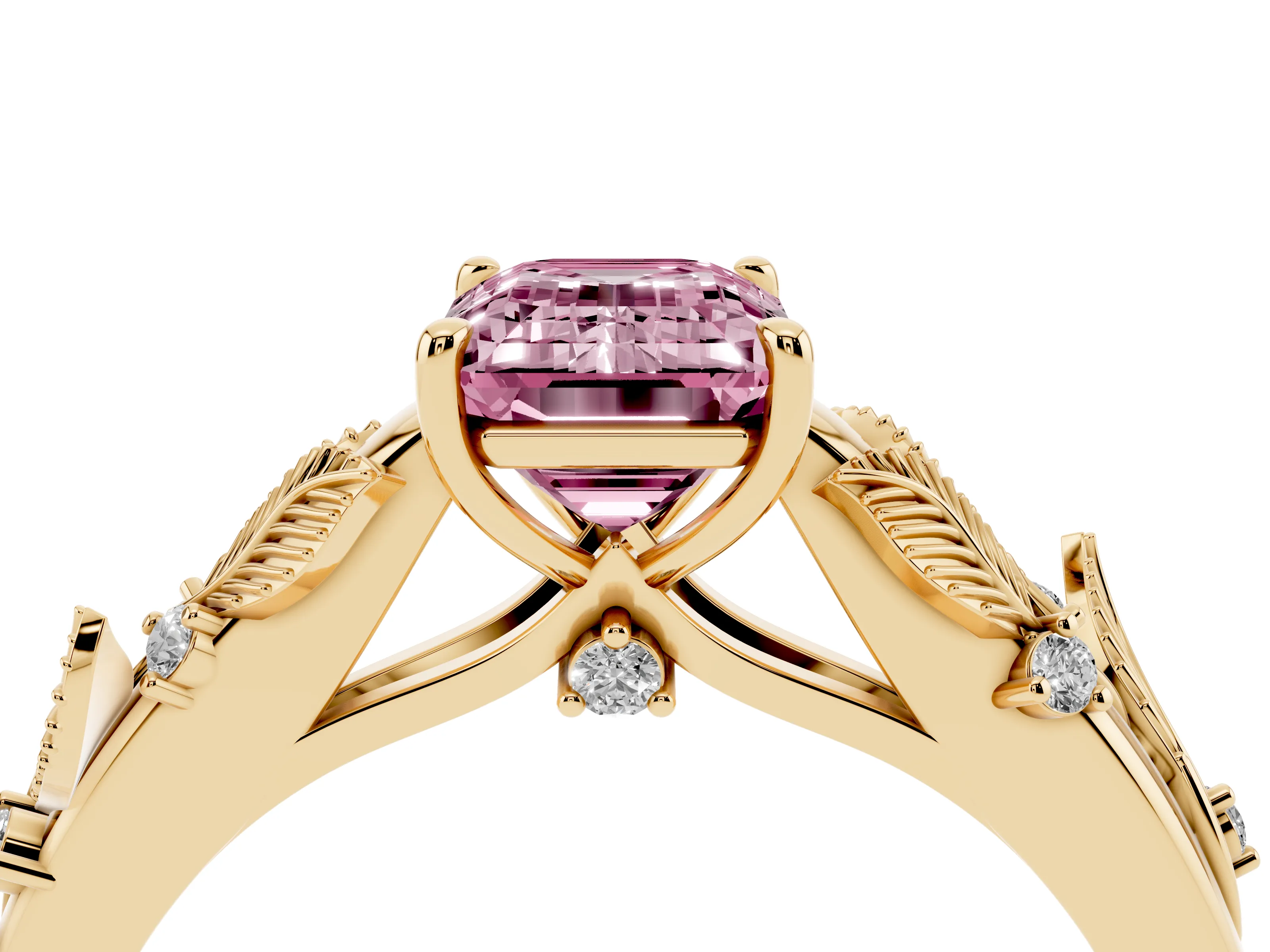 Fancy Pink Emerald Cut Diamond Solitaire Ring Set in Yellow gold with Leaf Motif Band