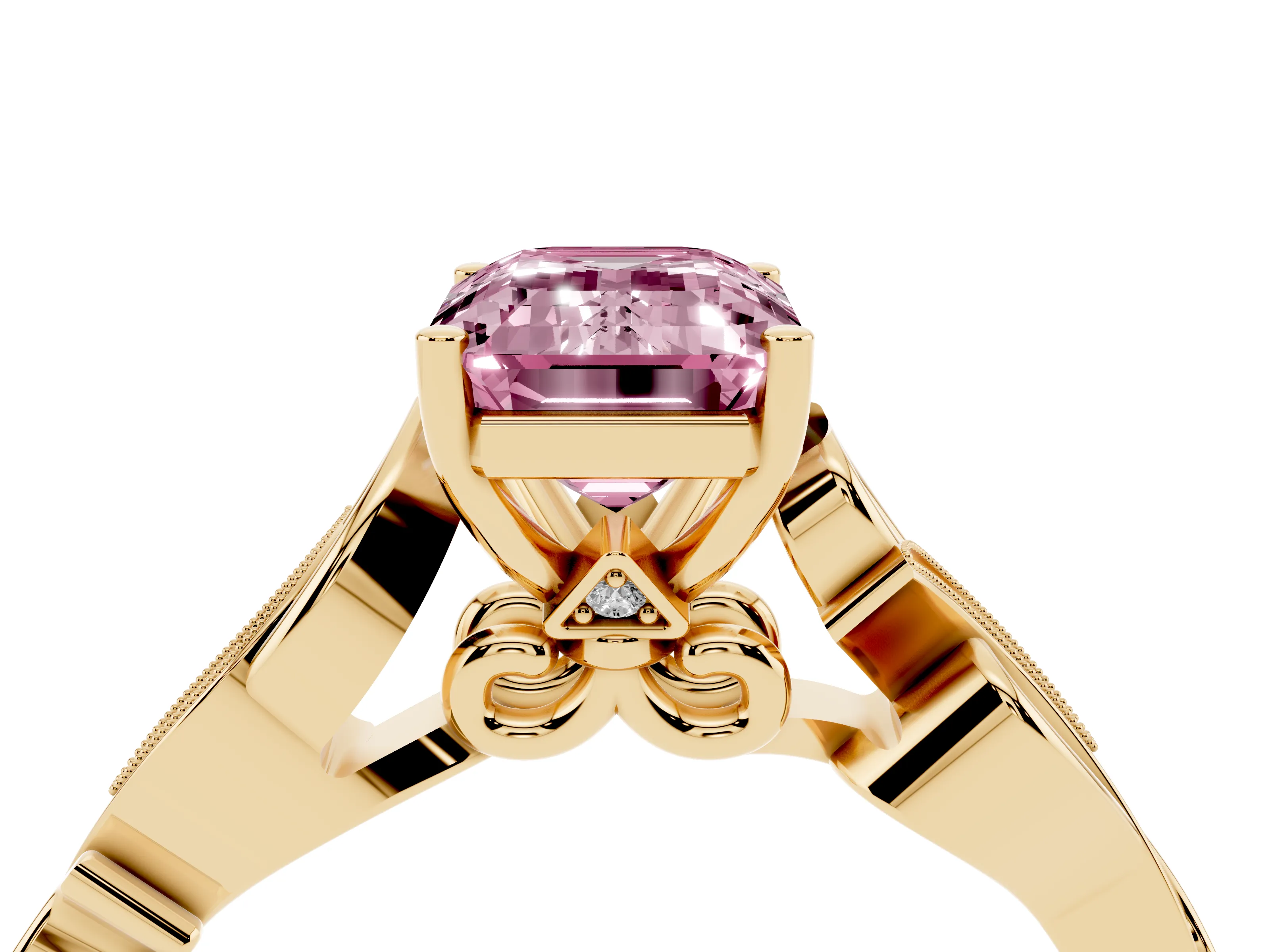 Fancy Pink Emerald Cut Diamond Vine Band Solitaire Ring Set in Yellow gold with Milgrain Prong Setting