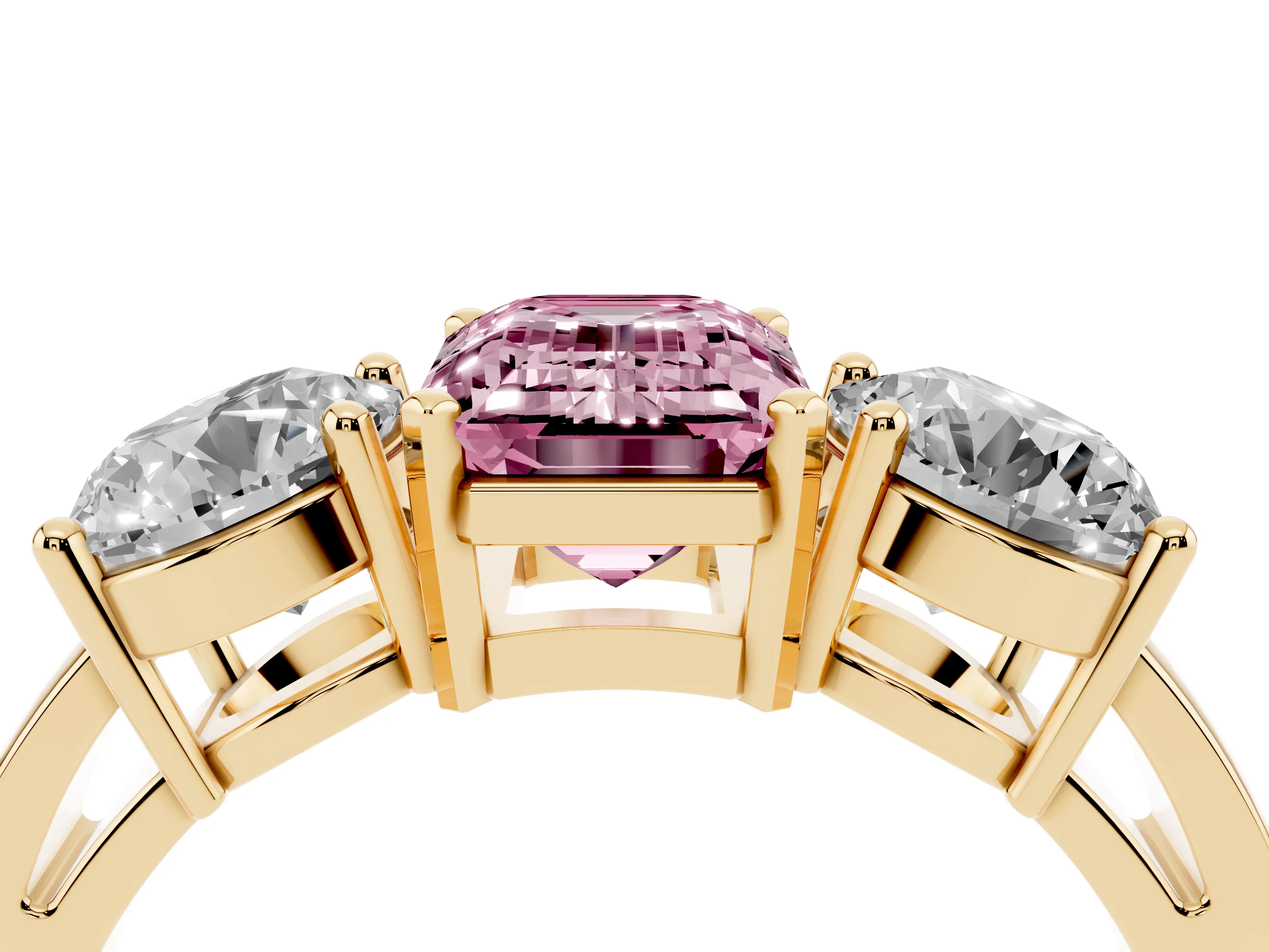 Fancy Pink Emerald Cut Diamond Three-Stone Ring Set in Yellow gold with Round Side Stones and Classic Band