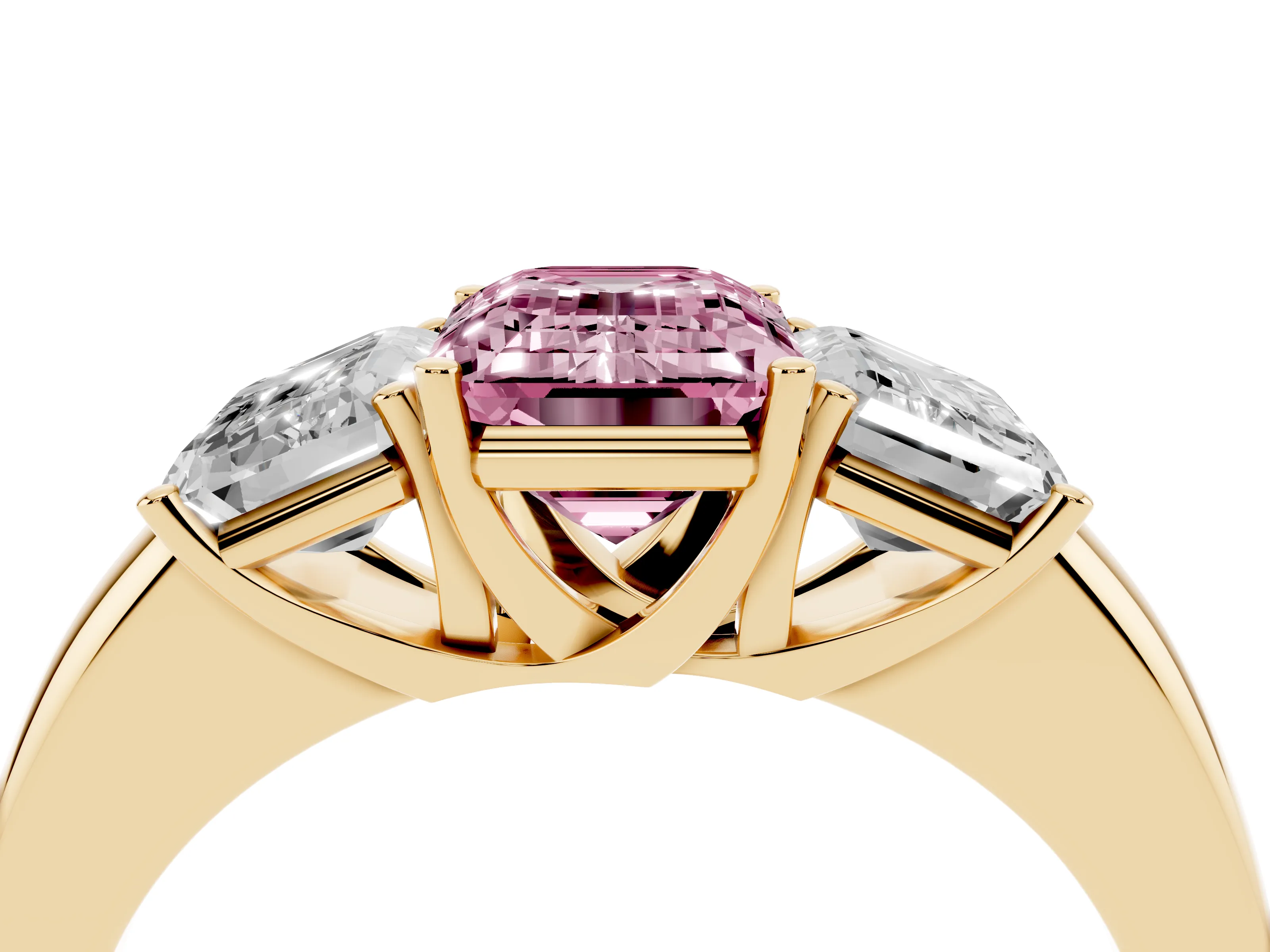 Fancy Pink Emerald Cut Diamond Three-Stone Ring Set in Yellow gold with Bold Center and Classic Band