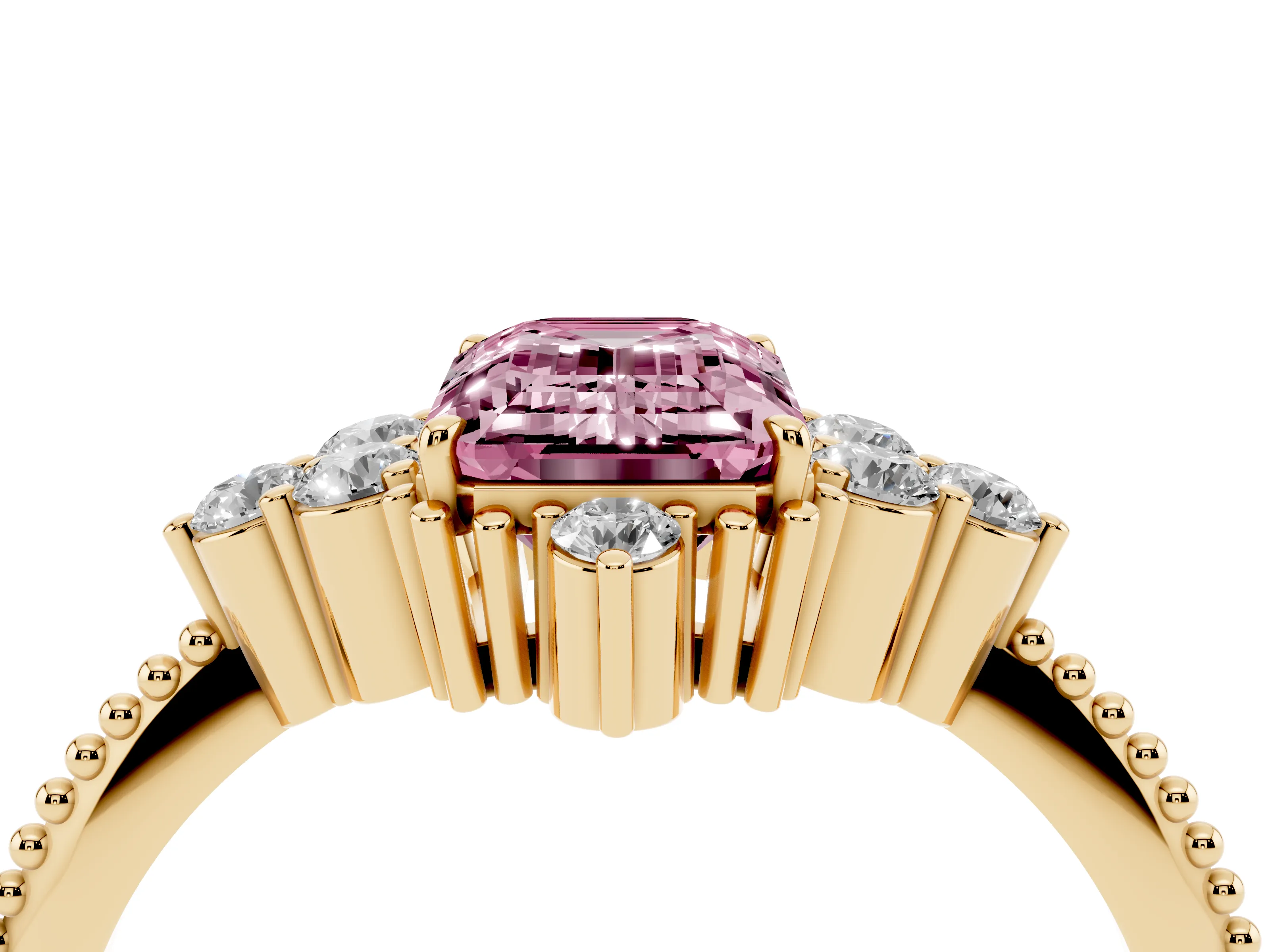 Fancy Pink Emerald Cut Diamond Cluster Ring Set in Yellow gold with Beaded Band