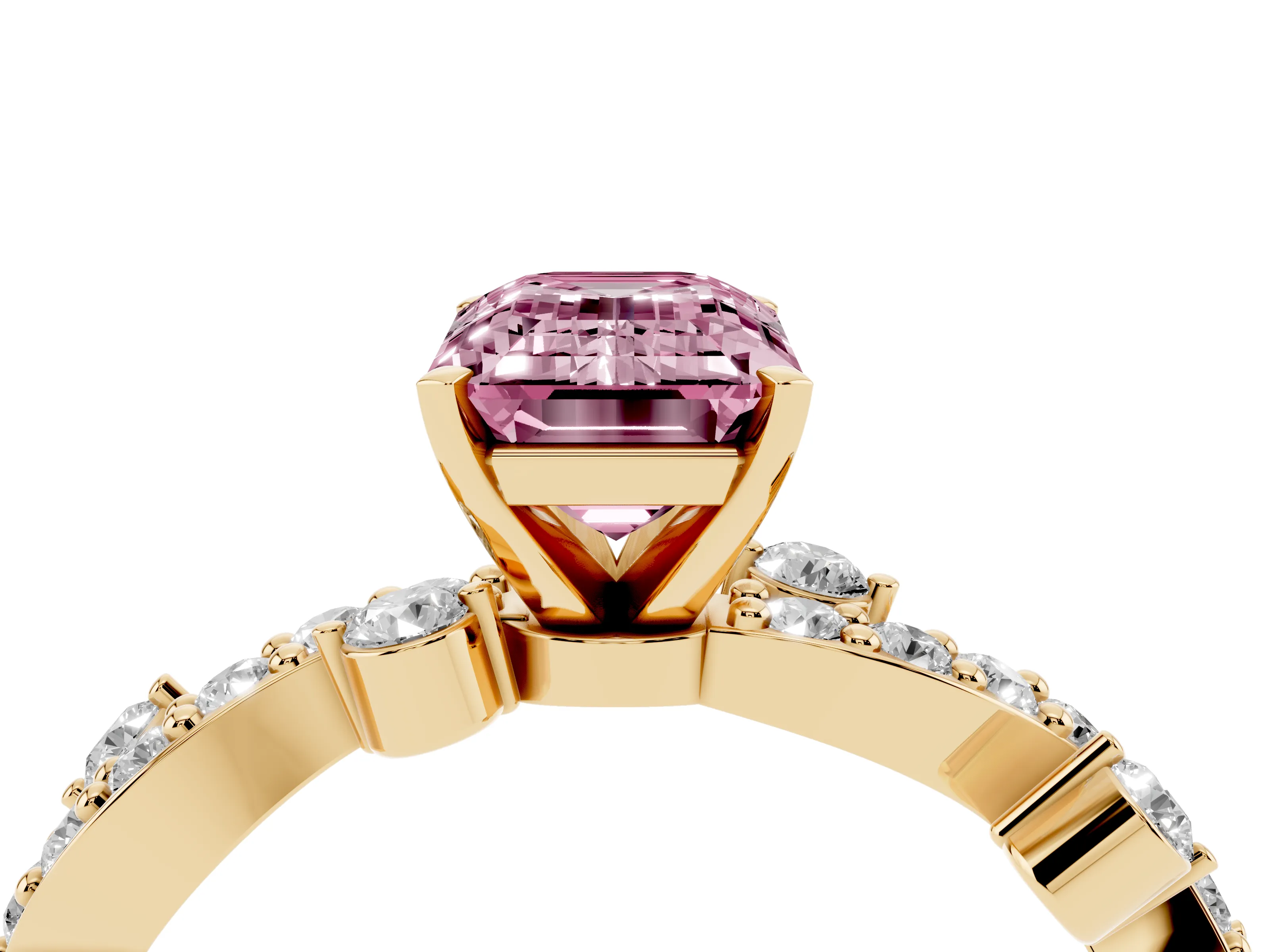 Fancy Pink Emerald Cut Diamond Solitaire Twisted Band Set in Yellow gold with Pavé Setting