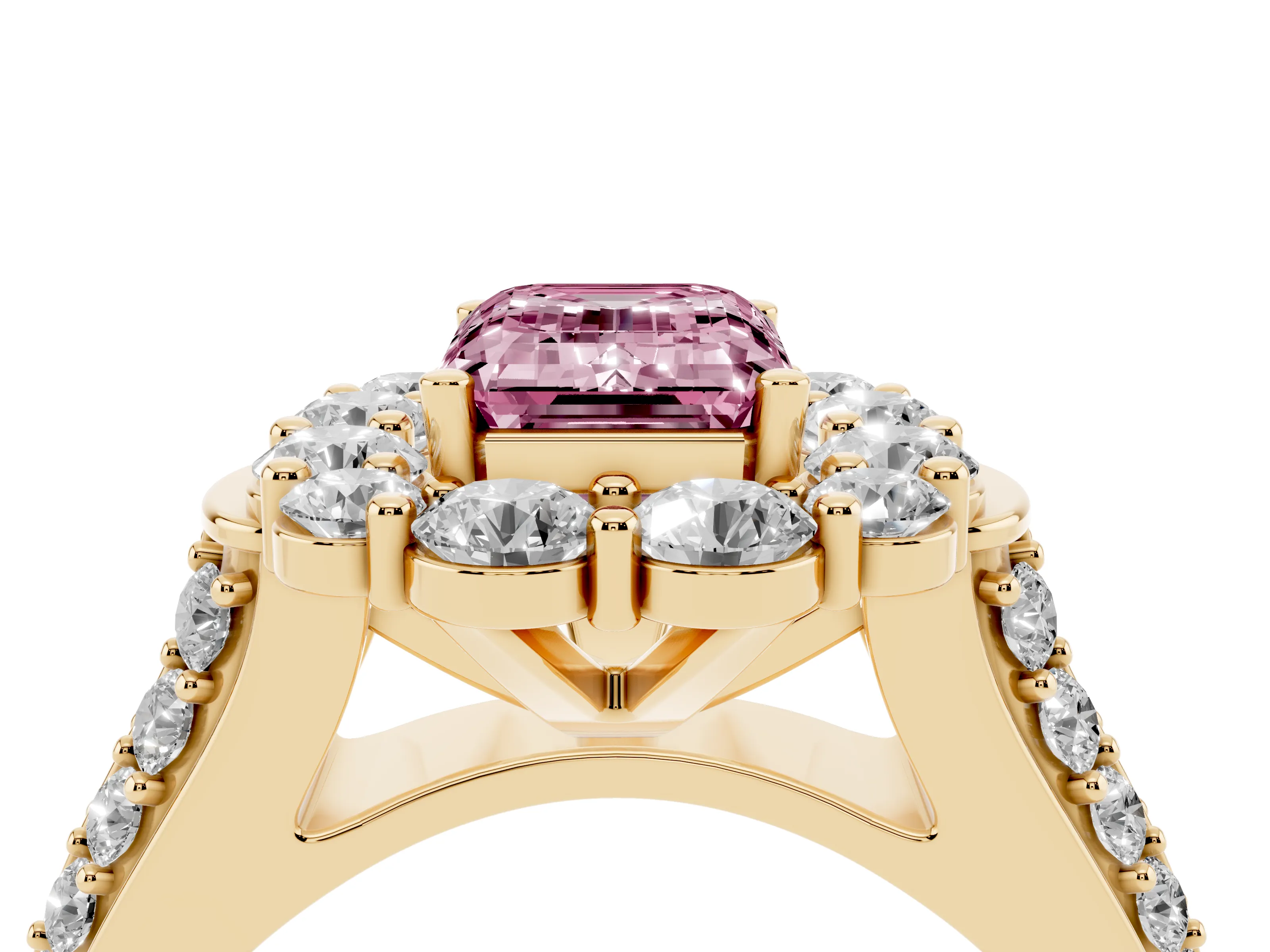 Fancy Pink Emerald Cut Diamond Halo Engagement Ring Set in Yellow gold with Split Shank and Prong Setting