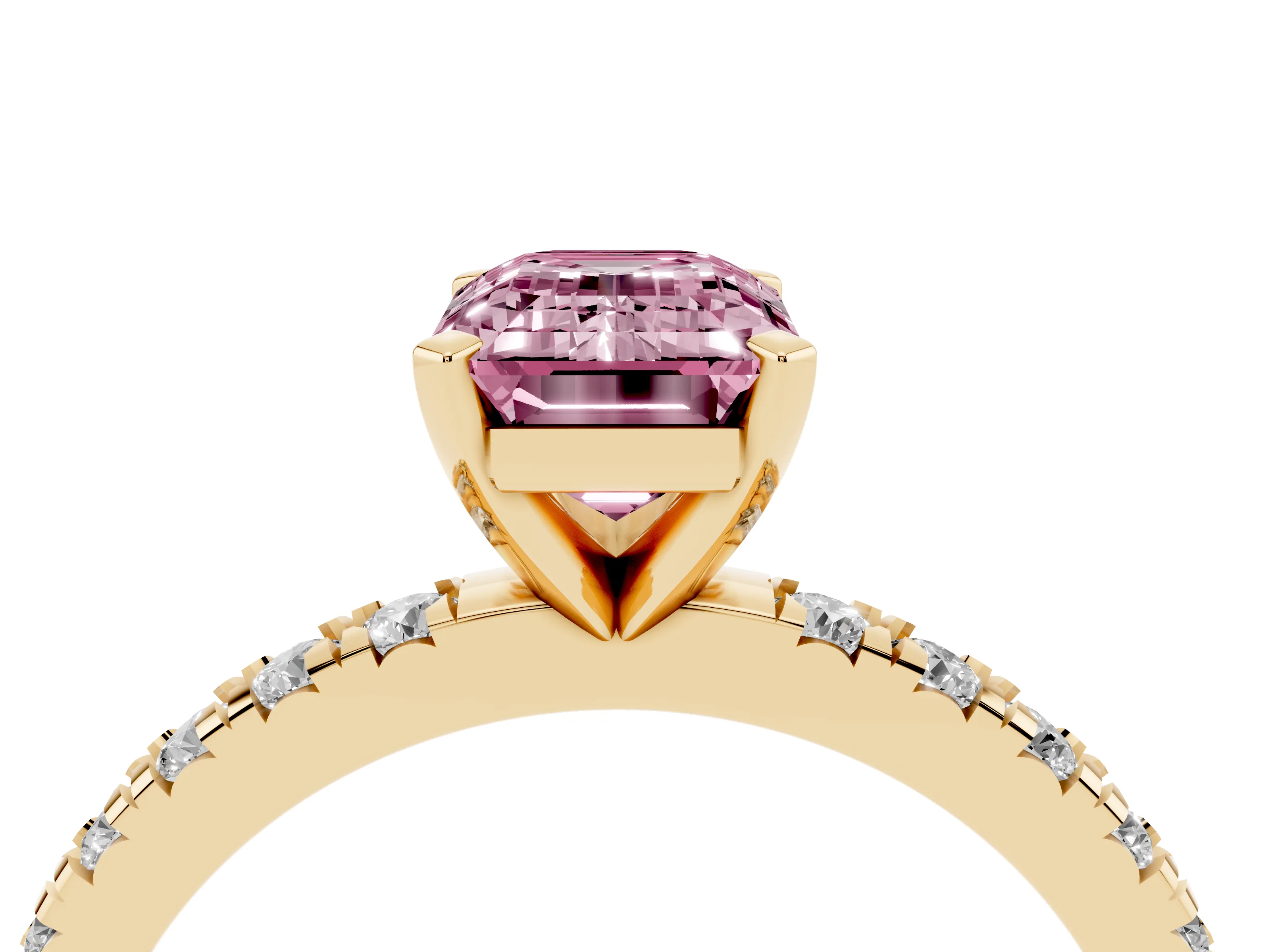 Fancy Pink Emerald Cut Diamond Pavé Band Solitaire Set in Yellow gold with Prong Setting