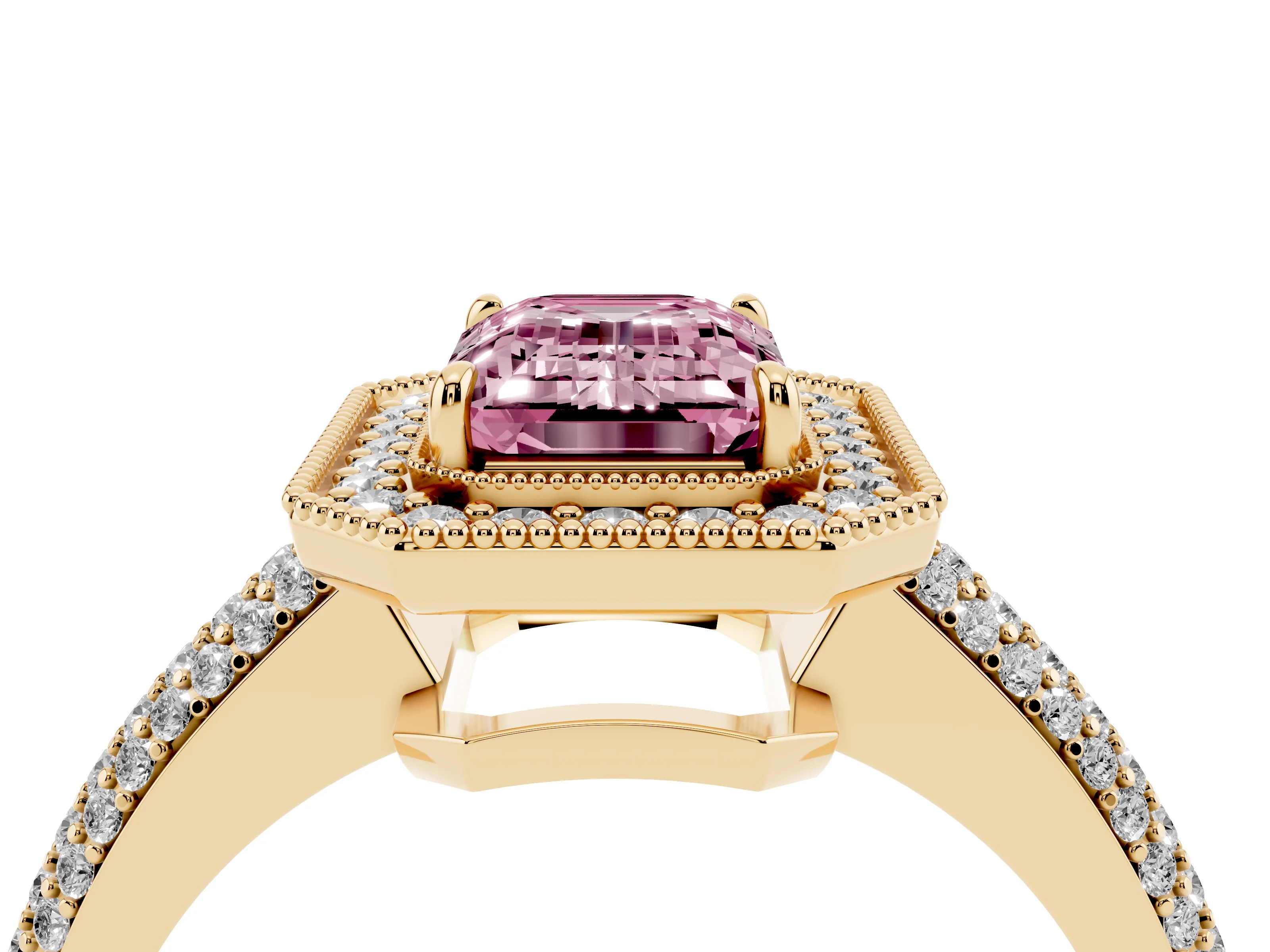 Fancy Pink Emerald Cut Diamond Halo Pavé Band Set in Yellow gold with Prong Setting