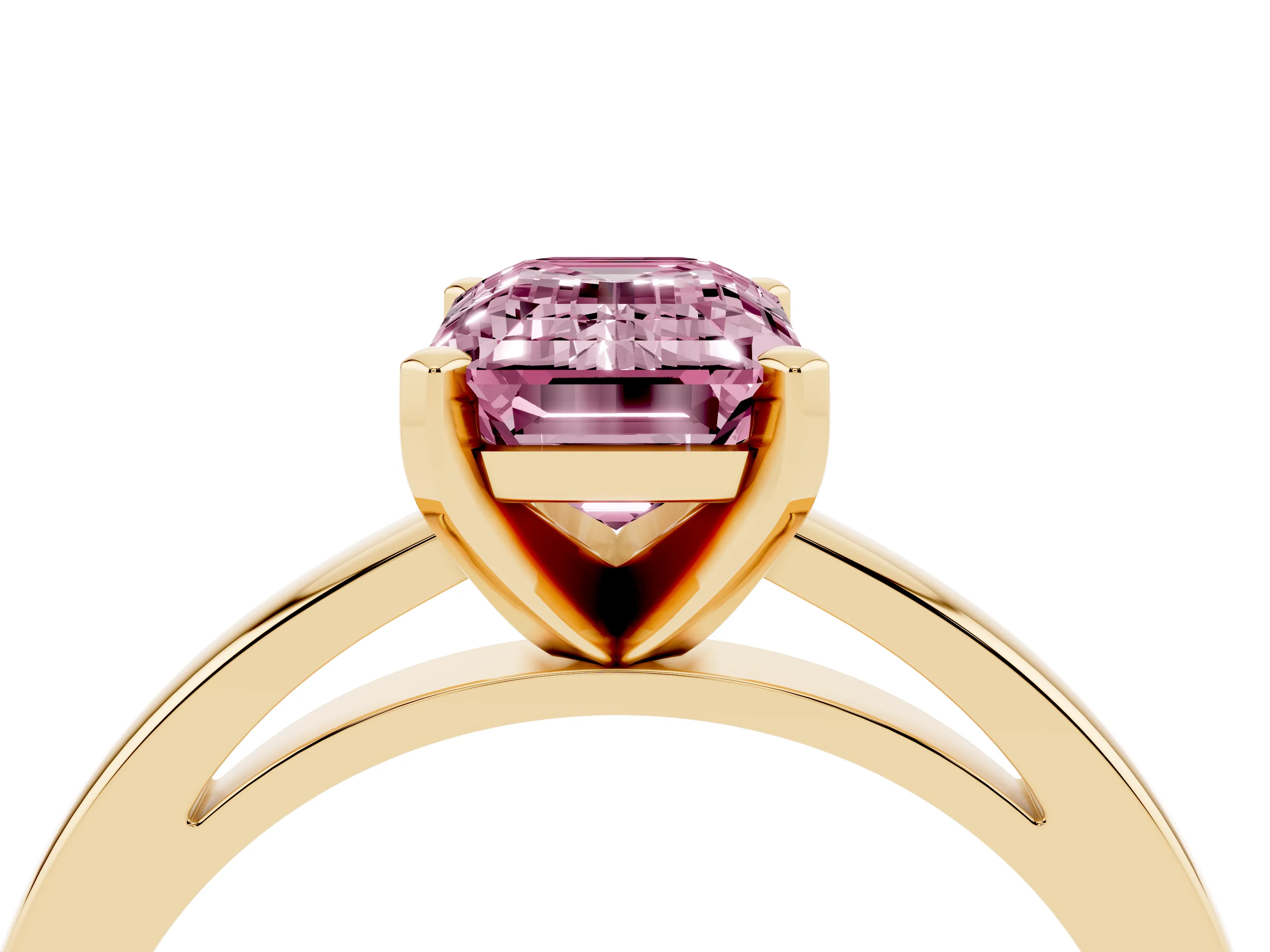 Fancy Pink Emerald Cut Diamond Solitaire Engagement Ring Set in Yellow gold with Prong Setting on a Classic Band