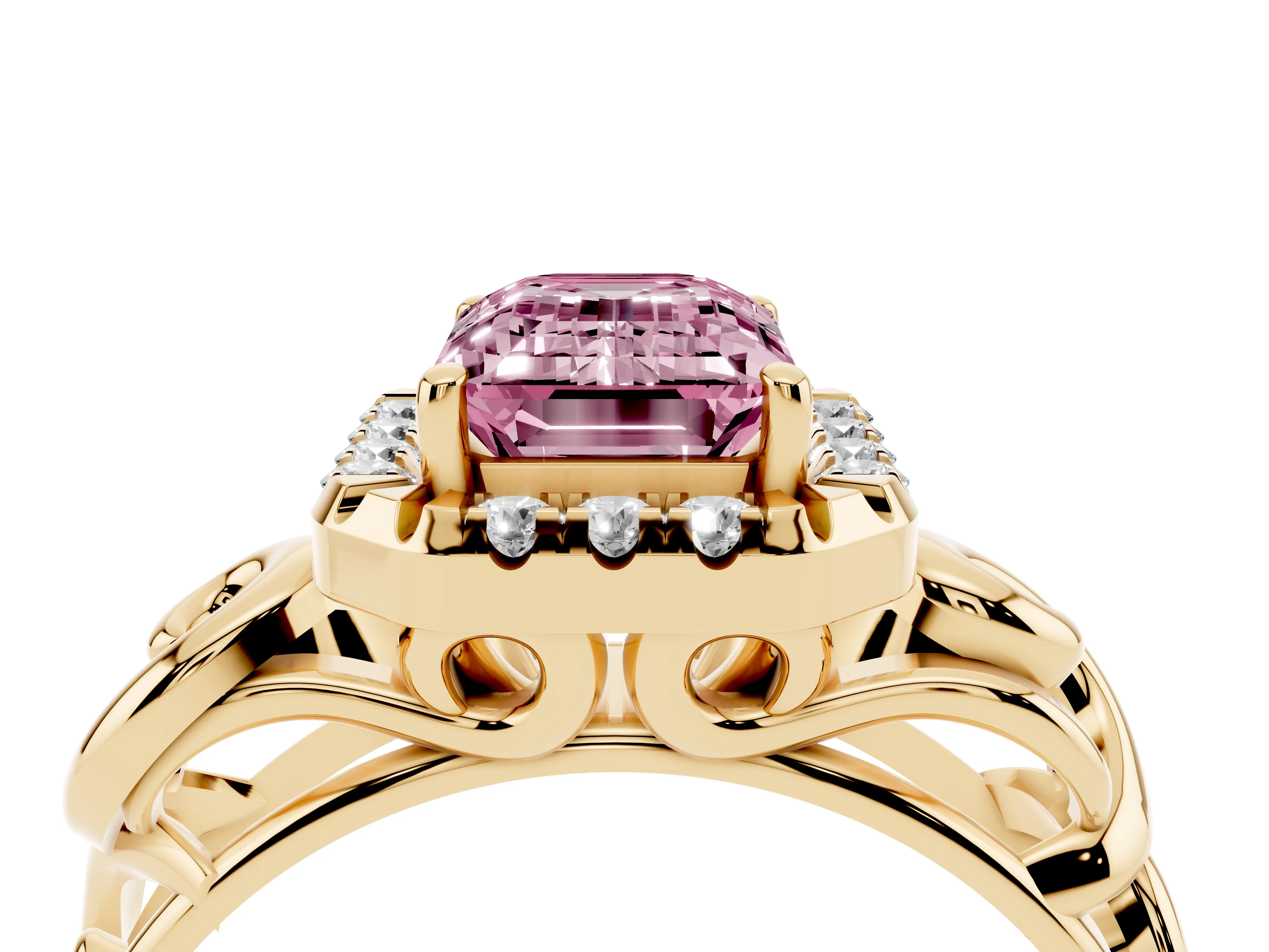 Fancy Pink Emerald Cut Diamond Halo Ring Set in Yellow gold with Scrollwork Band and Prong Setting