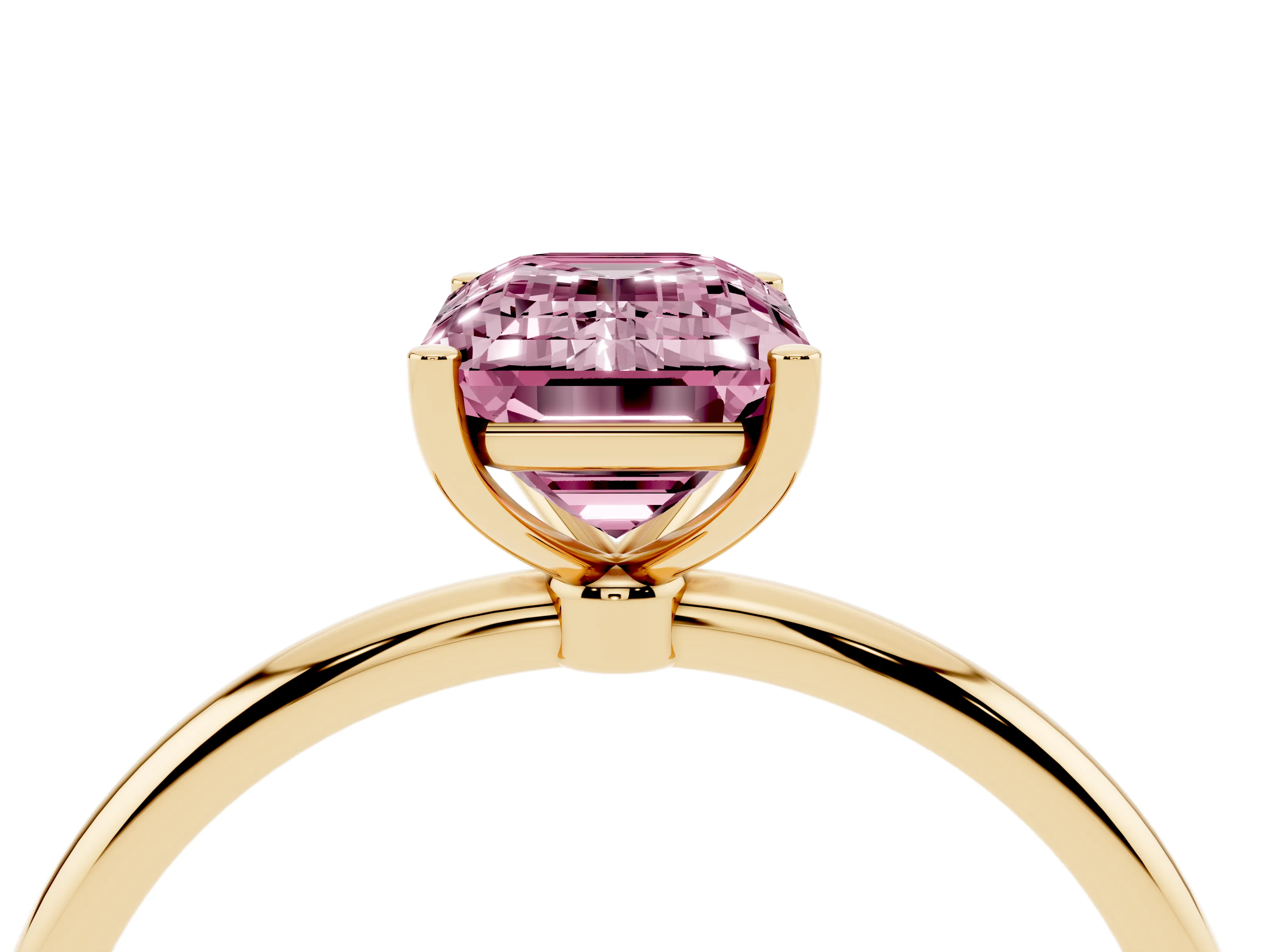 Fancy Pink Emerald Cut Diamond Solitaire Engagement Ring Set in Yellow gold with Thin Band and Prong Setting