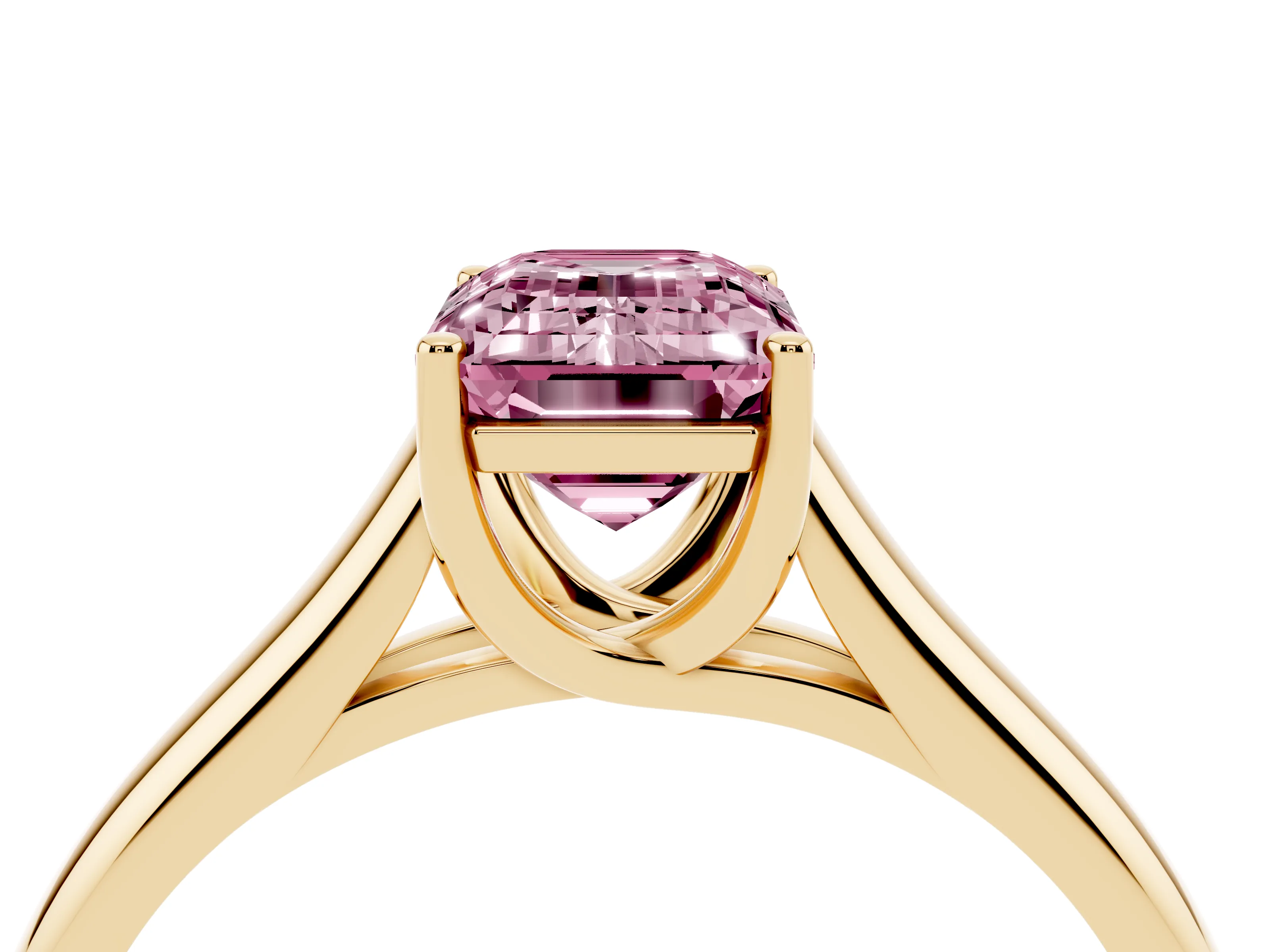 Fancy Pink Emerald Cut Diamond Solitaire Engagement Ring Set in Yellow gold with Subtly Tapered Band and Prong Setting