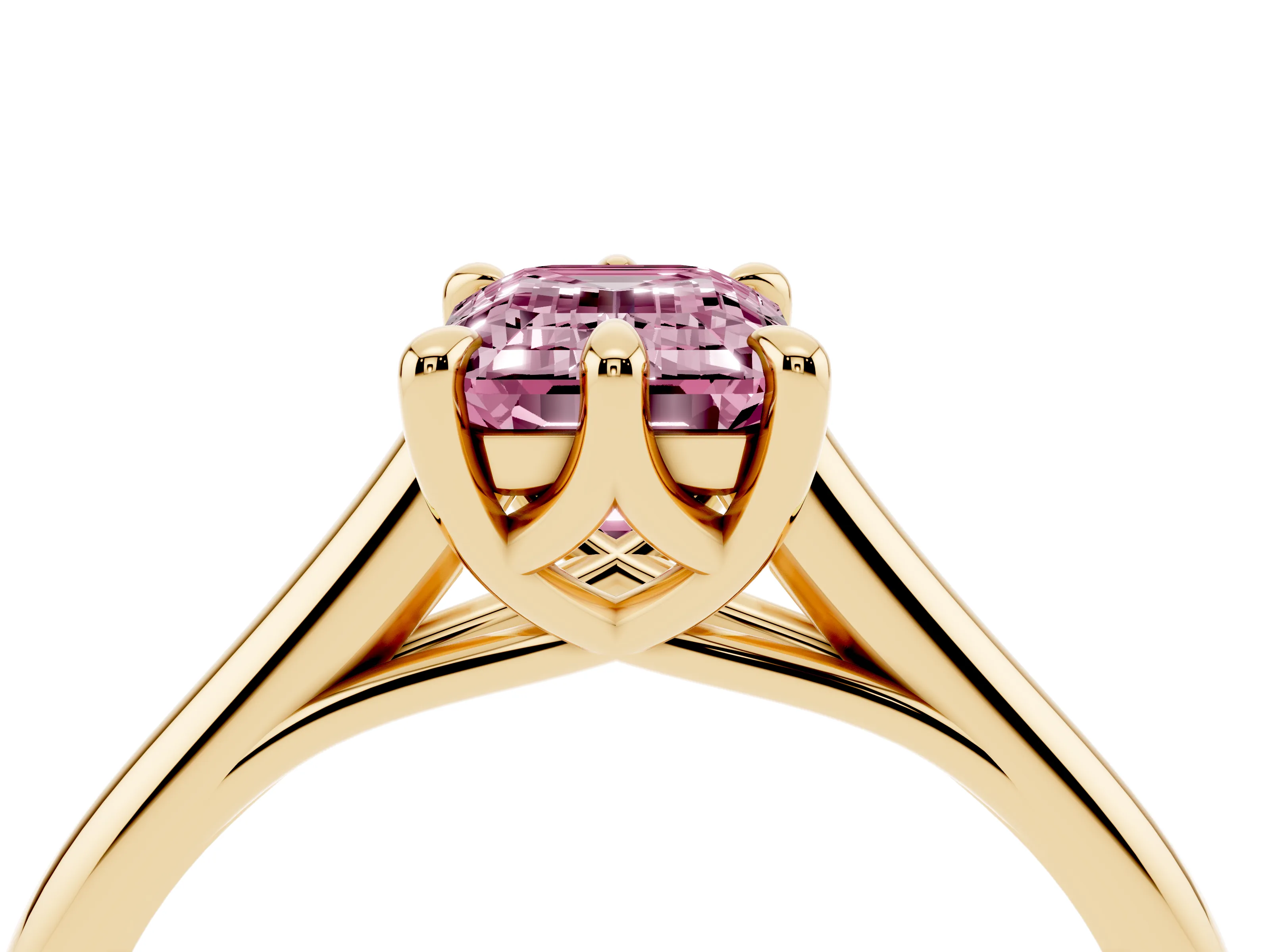 Fancy Pink Emerald Cut Diamond Solitaire Engagement Ring Set in Yellow gold with Prong Setting and Plain Classic Band