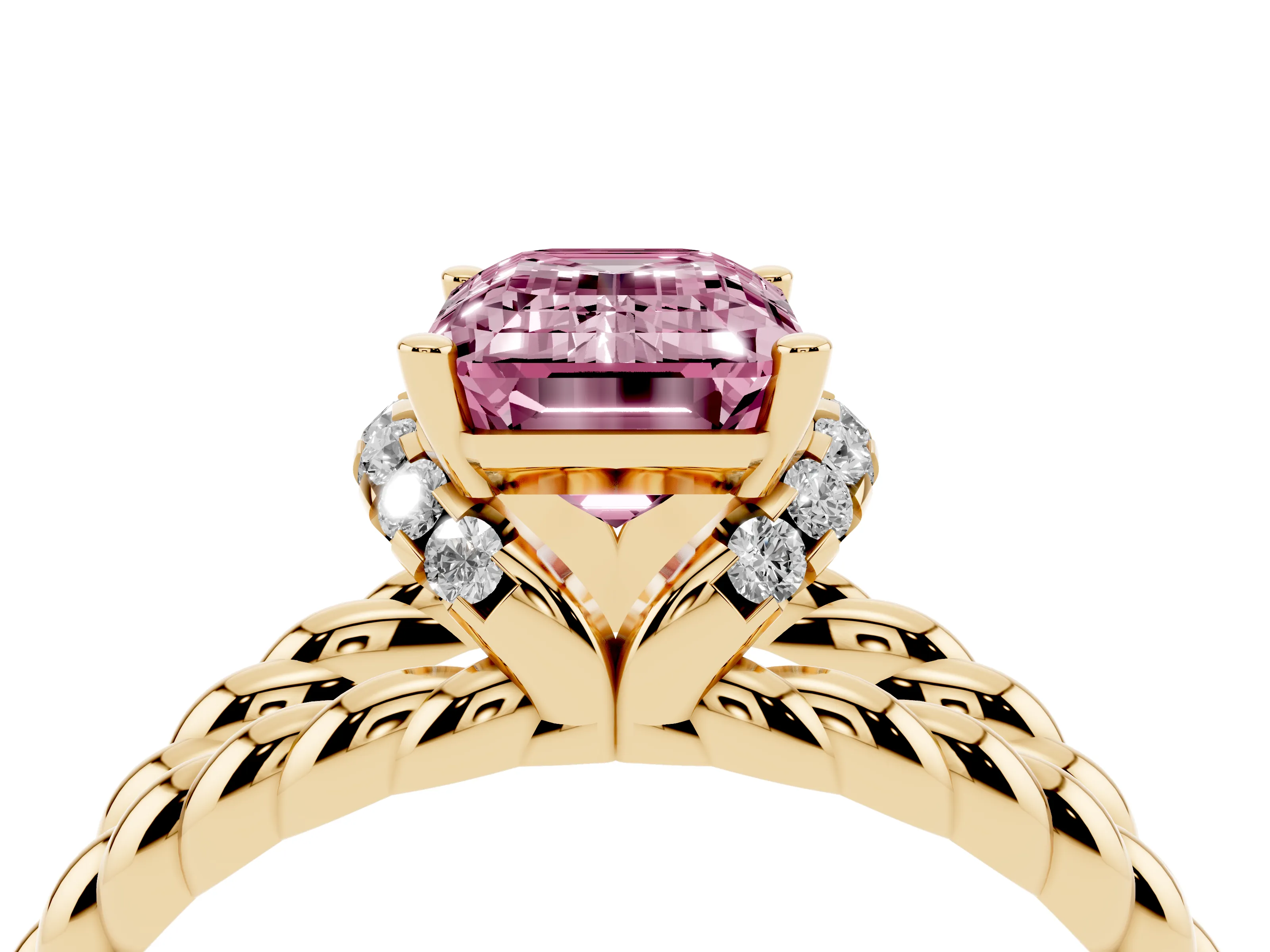 Fancy Pink Emerald Cut Diamond Halo Ring Set in Yellow gold with Twisted Band and Prong Setting