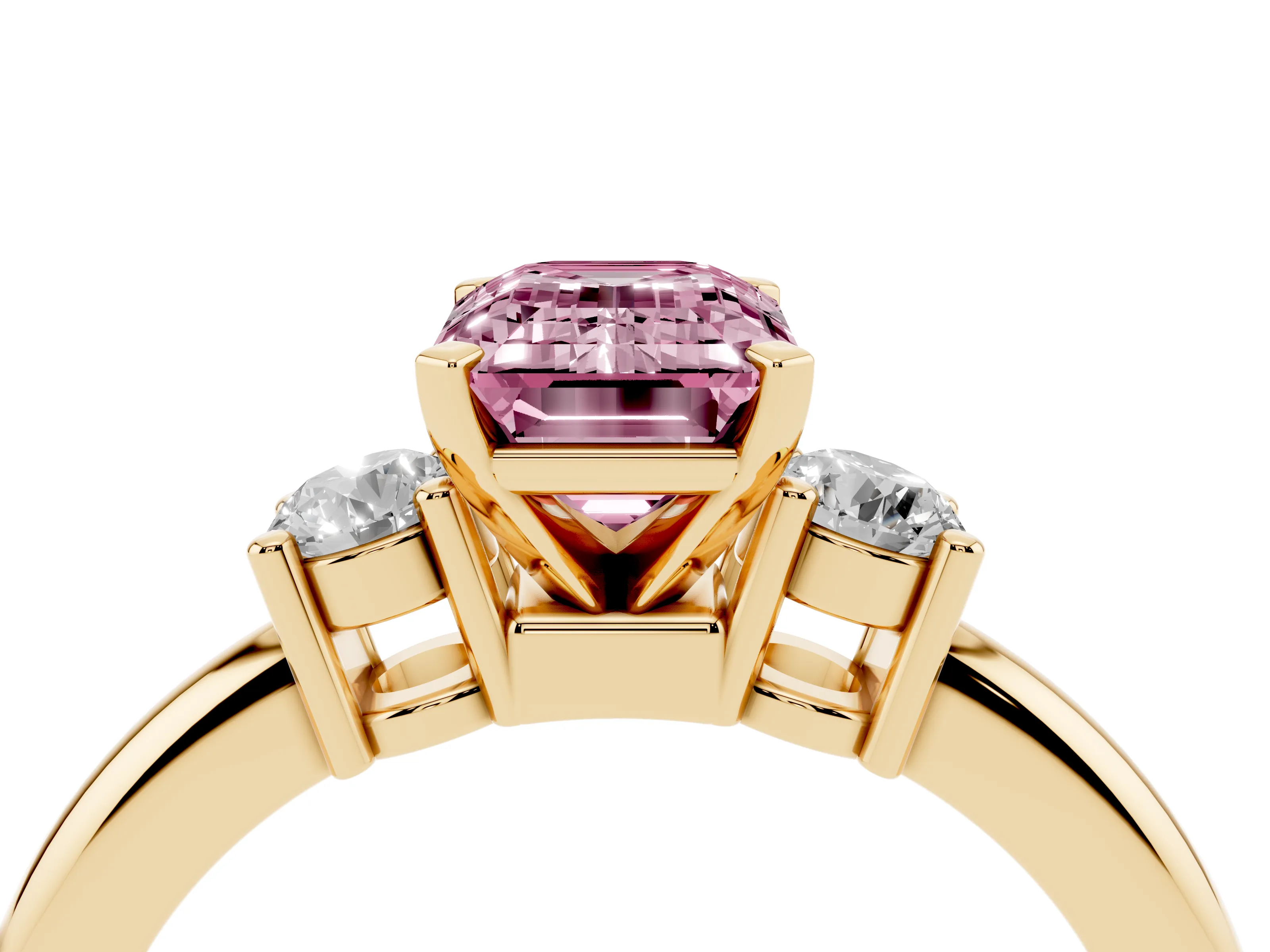 Fancy Pink Three-Stone Emerald Cut Diamond Ring Set in Yellow gold with Prong Setting and Plain Band