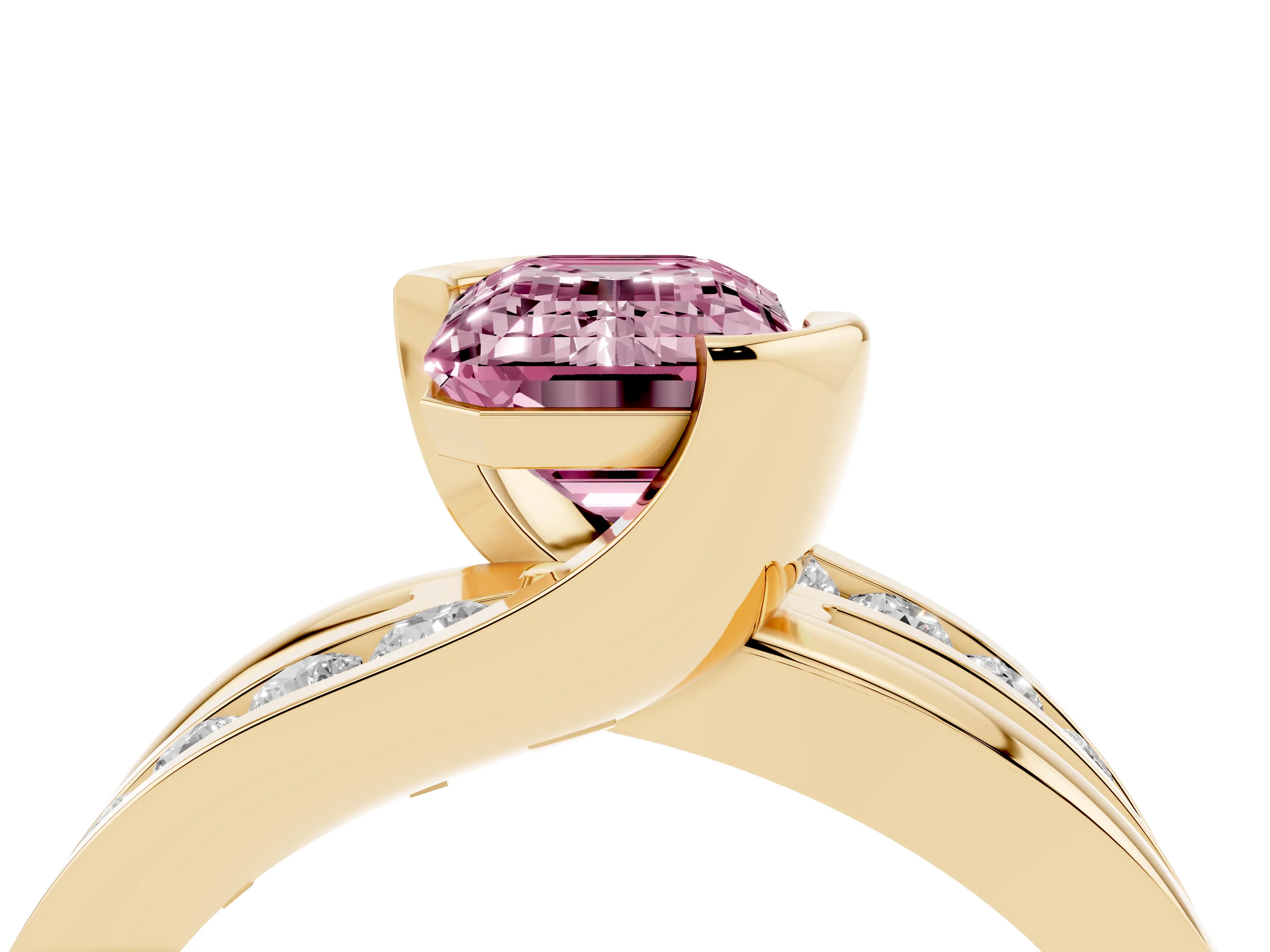 Fancy Pink Emerald Cut Diamond Solitaire Ring Set in Yellow gold with Channel Set Split Shank and Tension Prongs