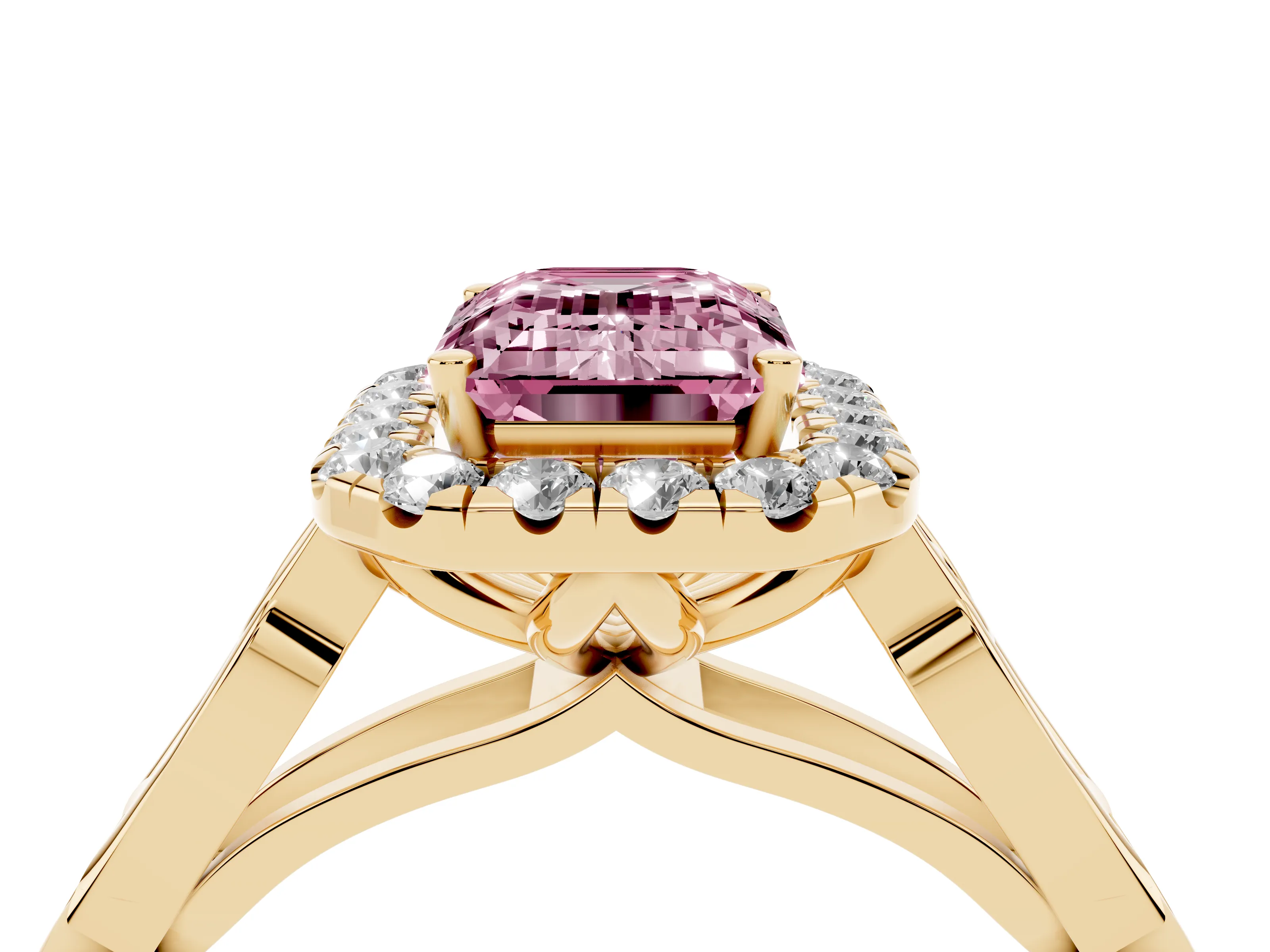 Fancy Pink Emerald Cut Diamond Halo Engagement Ring Set in Yellow gold with Filigree Band and Prong-Set Center