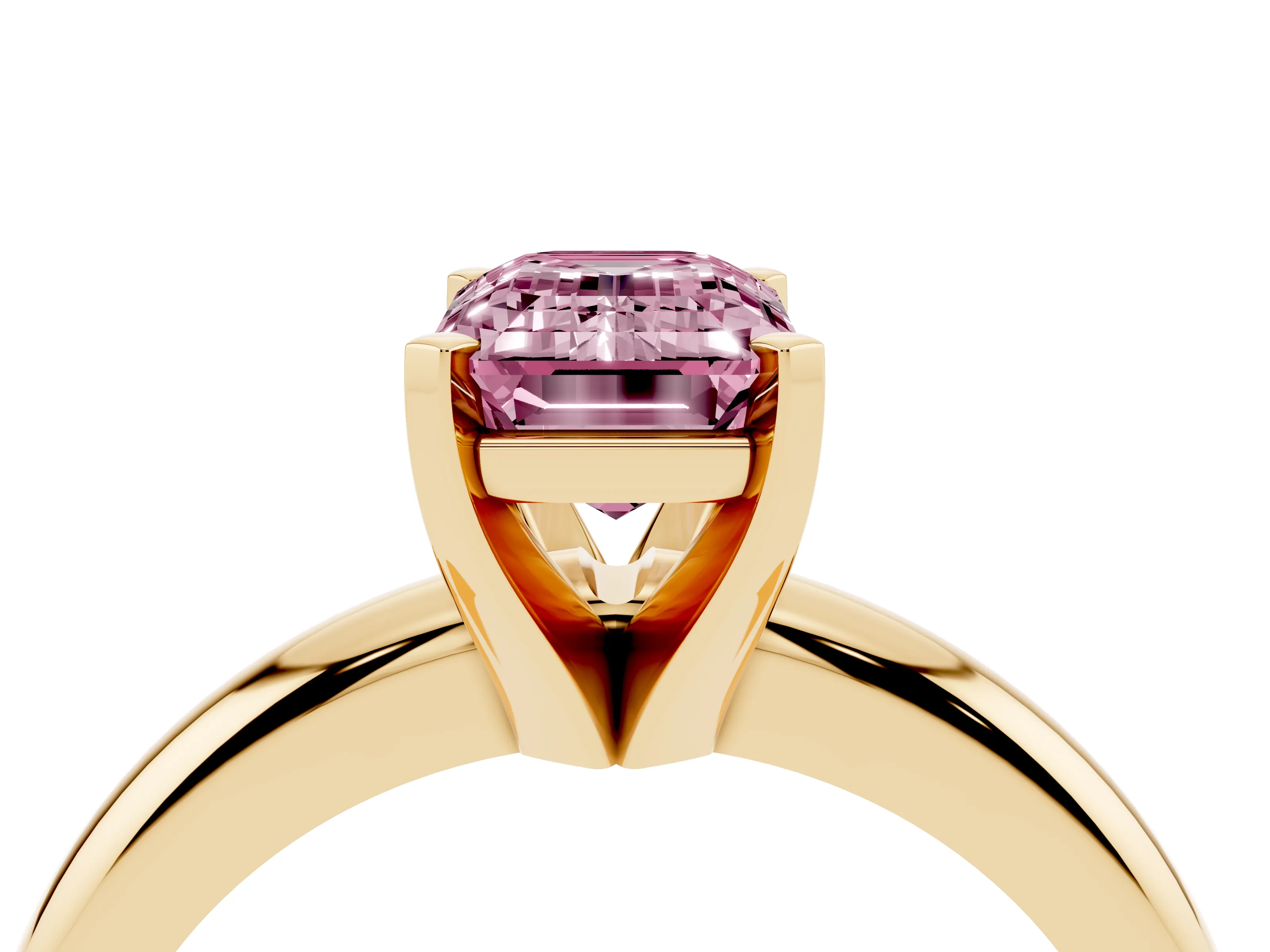 Fancy Pink Emerald Cut Diamond Solitaire Engagement Ring Set in Yellow gold with Round Band and Prong Setting