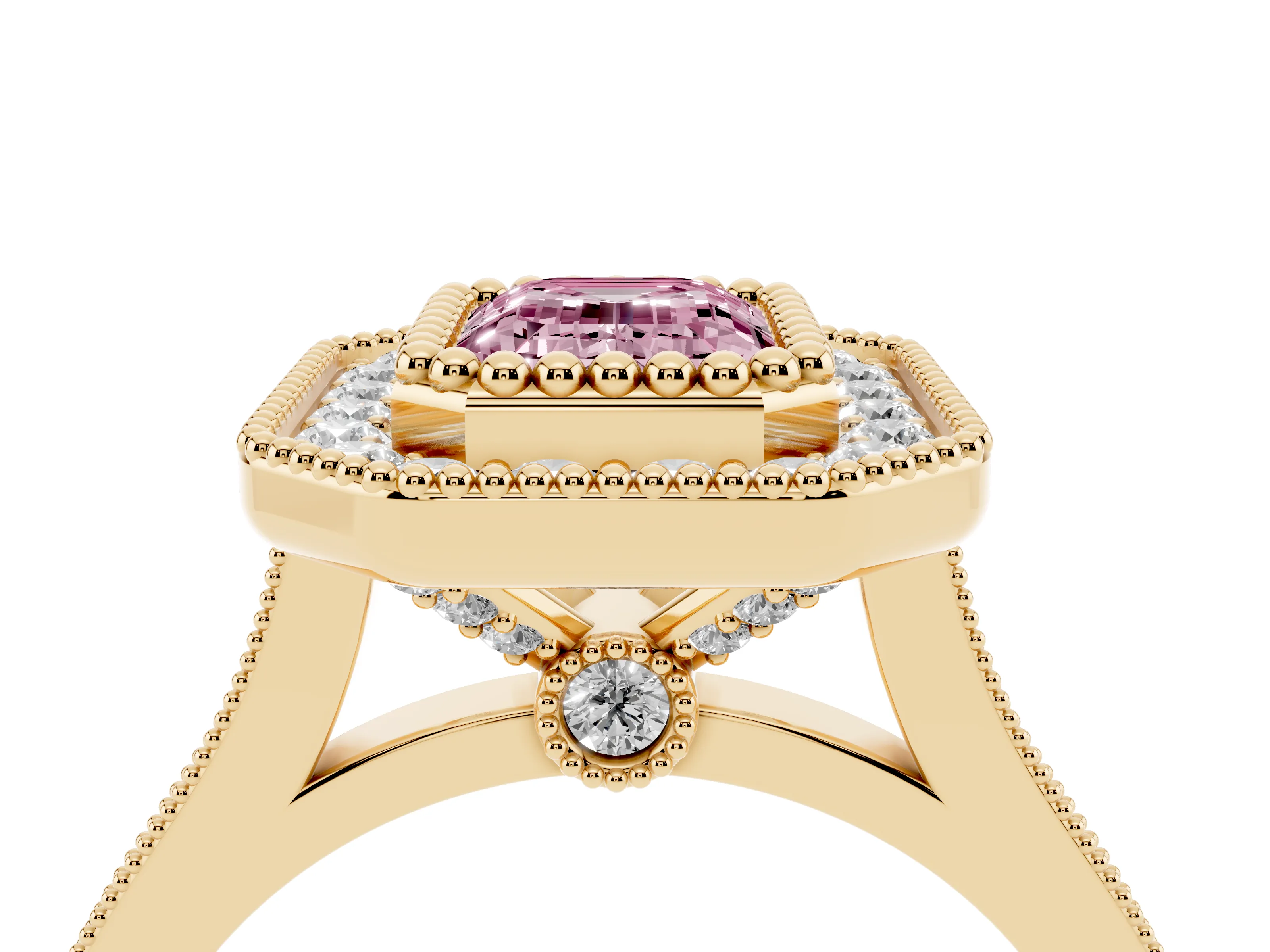 Fancy Pink Emerald Cut Diamond Halo Ring Set in Yellow gold with Milgrain Frame and Pavé Band