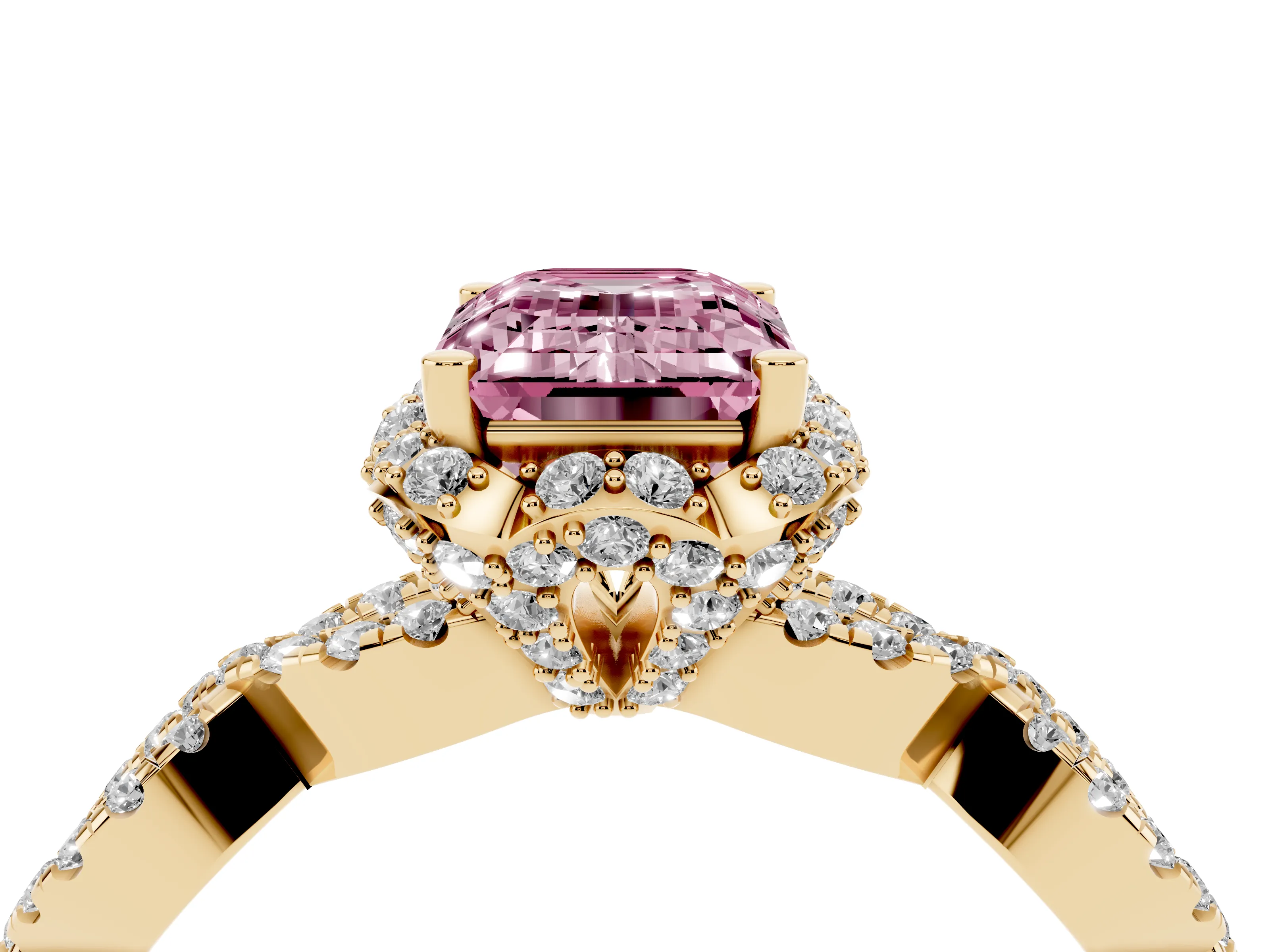 Fancy Pink Emerald Cut Diamond Halo Twist Band Solitaire Ring Set in Yellow gold with Prong-Set Center Stone