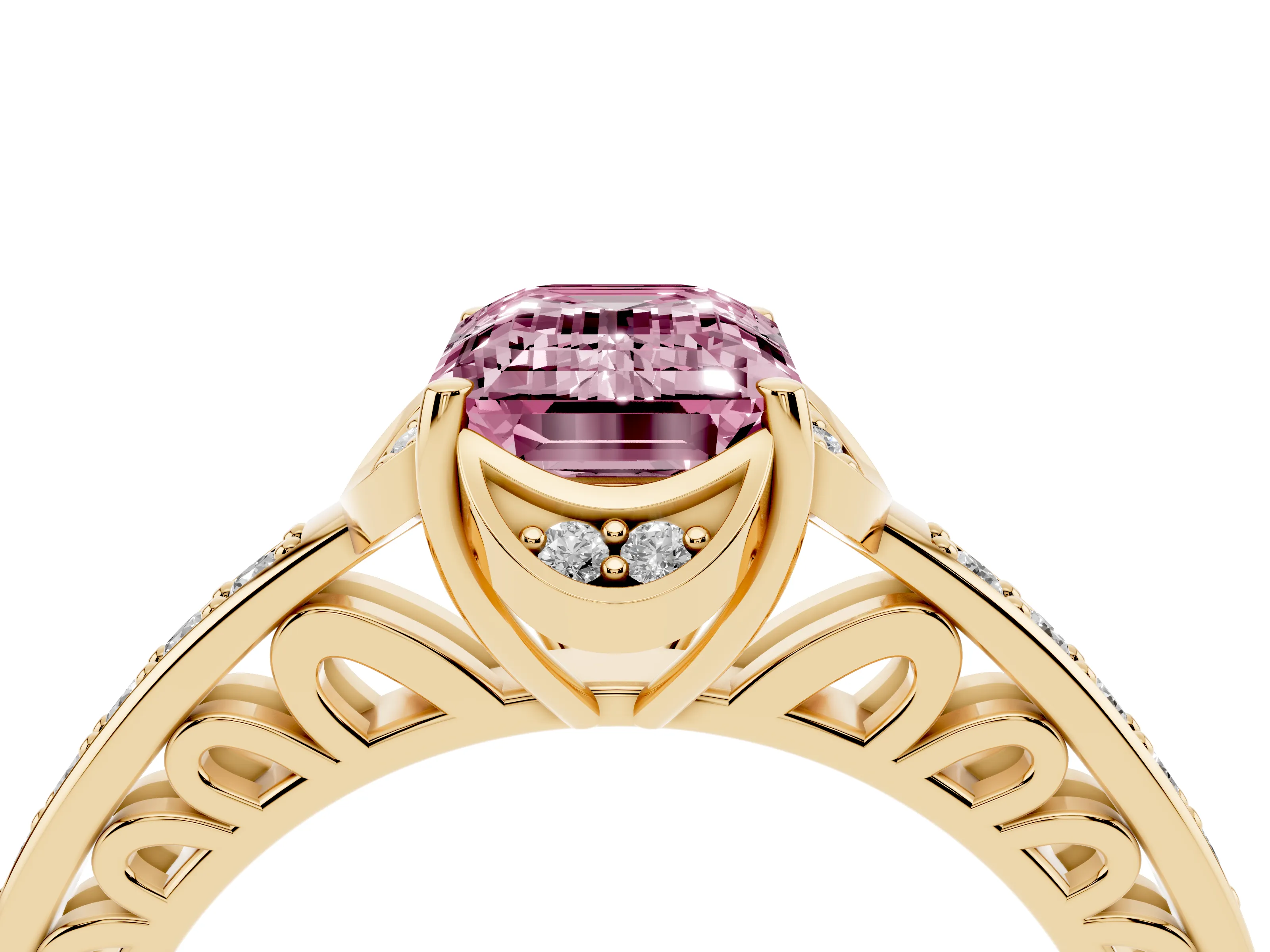 Fancy Pink Emerald Cut Diamond Halo Ring Set in Yellow gold with Channel Set Band and Prong Setting