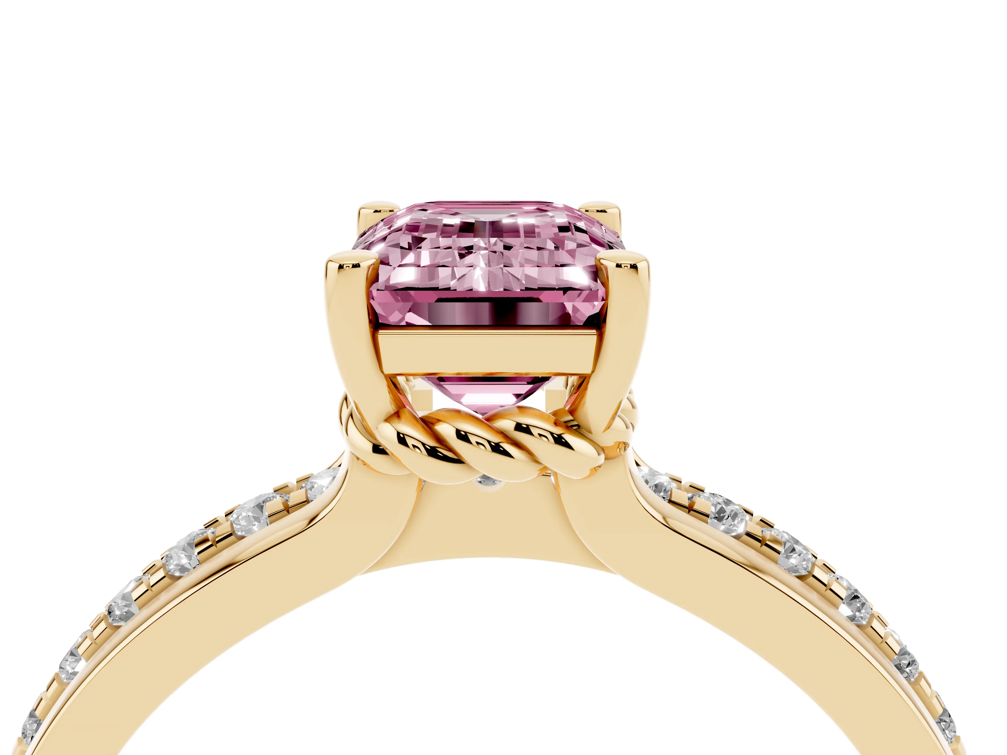 Fancy Pink Emerald Cut Diamond Solitaire Ring Set in Yellow gold with Channel Set Band and Prong Setting
