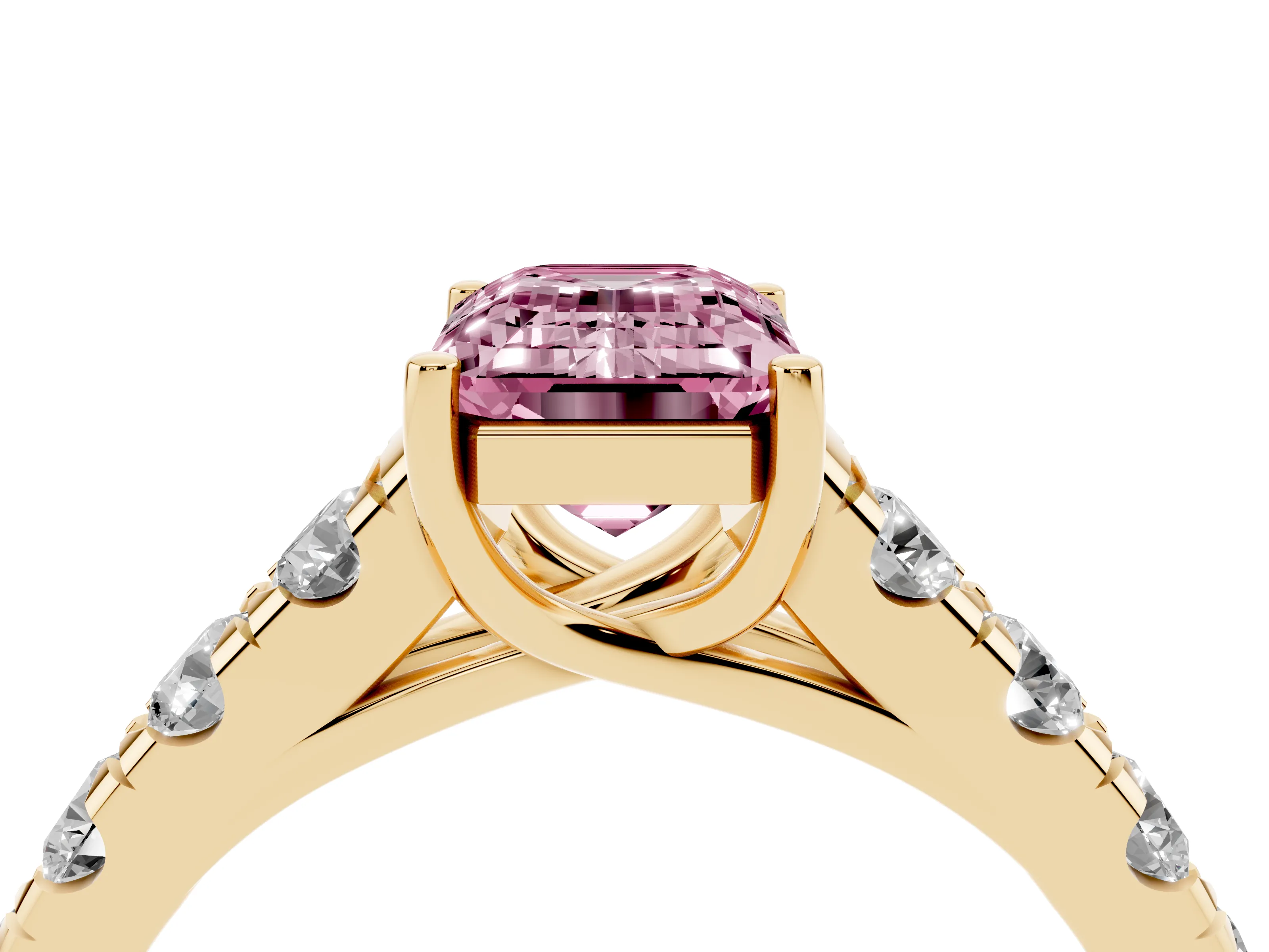 Fancy Pink Emerald Cut Diamond Solitaire Ring Set in Yellow gold with Cut-Down Micro Pavé Band and Prong Setting